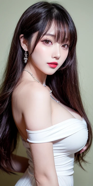 Canon RF 85mmf/1.2,masutepiece,Best Quality,超A high resolution,tu,1 girl,(Korean mixed,Kpop Idol:1.2),Solo,white_shiny_skin,Black eyes,Necklace,brown_long_Wavy_hair,Red lipstick bright_shiny_Lips,Eyelashes,Bangs,deal,make - up,shiny,Pore,skin texture,Bracelet,off shoulders,See-through,Big breasts