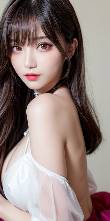 Canon RF 85mmf/1.2,masutepiece,Best Quality,超A high resolution,tu,1 girl,(Korean mixed,Kpop Idol:1.2),Solo,white_shiny_skin,Black eyes,Necklace,brown_long_Wavy_hair,Red lipstick bright_shiny_Lips,Eyelashes,Bangs,deal,make - up,shiny,Pore,skin texture,Bracelet,off shoulders,See-through,Big breasts