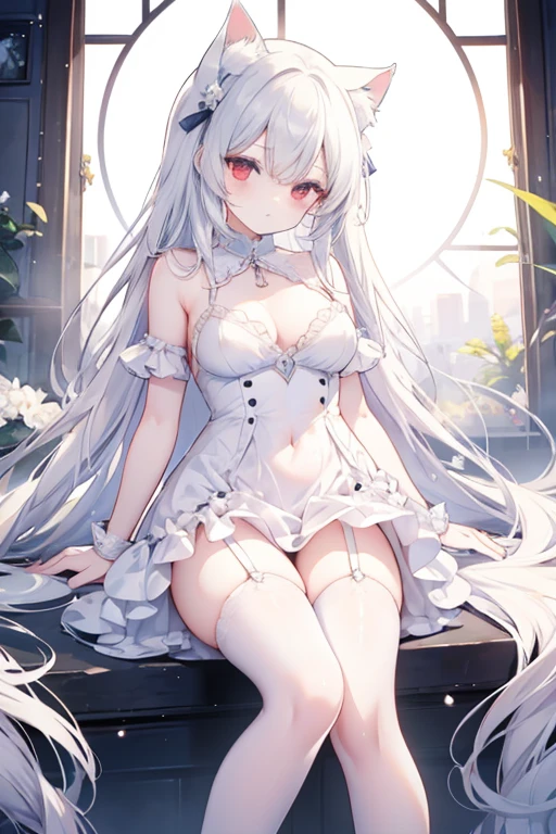 top-quality、 8K、 red eyes, white hair, long hair, One piece Dress, White cat ears, White cat tail, garter belt, garter straps, collar with bell, a beauty girl、 Nice、 Beautiful hair、 Beautiful eyes、 Beautiful skin、Beautiful legs、Beautiful arms、Perfect fingers、 Very cute、 Very kawaii、