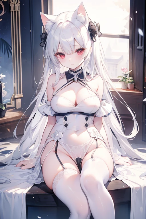 top-quality、 8K、 red eyes, white hair, long hair, One piece Dress, White cat ears, White cat tail, garter belt, garter straps, collar with bell, a beauty girl、 Nice、 Beautiful hair、 Beautiful eyes、 Beautiful skin、Beautiful legs、Beautiful arms、Perfect fingers、 Very cute、 Very kawaii、