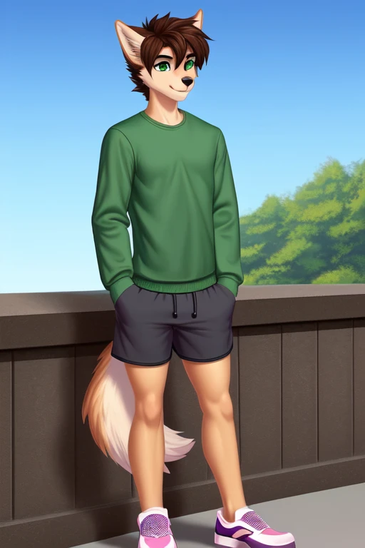 ((best quality)), ((masterpiece)), (detailed), perfect face, furry, anthropomorphic wolf, Russet fur, dark brown hair, dark green eyes, 41" Chest, 19" Shoulders, 13" Biceps, 32" waist, 23" Thighs, 15" Calves, 19" Back, slim, twink, wearing green jacket, Xanadu T-shirt, wearing Grayish-green sweat shorts, knee length shorts, wearing dark slate gray slip on shoes, perfect shading, soft shading, soft colors, vivid colors, pastel colors 