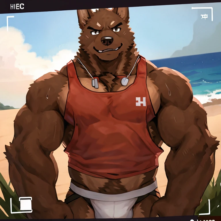 POV,top angle,sleep on stomach,lats,trapezius,butt lift,kemono, anthro (brown dog), male, (brown dog), muscular, back, red body, white belly ,sweat, ((correct anatomy)),stand up, sexy stand, beautiful beach, perfect beautiful beach background, perfect chair,1 boy, solo, wearing jockstrap, pain expression, canine tooth, hd, dark shadows, wide dynamic range, hdr, low light:1.2, front view, full body, canid, canine, canis, domesticbrown dog mammal, nordic sled brown dog, fullbody, full res, smile, lifeguard, wearing Tank top, full body, camera view, side view, full view, whistle, finger middle, finger, signal, perfect finger, look down at viewer