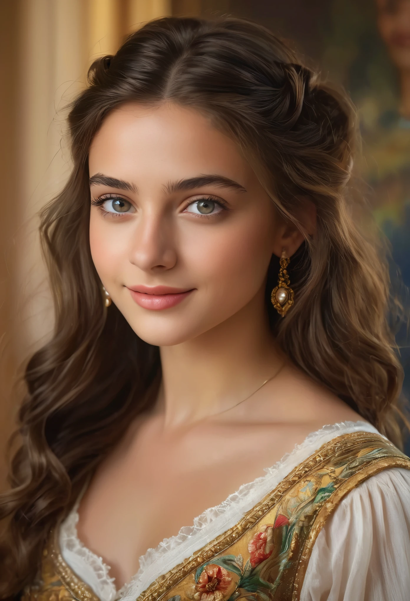 (best quality,4k,highres,masterpiece:1.2),ultra-detailed,photorealistic,portrait,painting,girl,Italian,detailed face,beautiful eyes,perfectly shaped nose,pleasant smile,flowing brunette hair,stunning beauty,,classical beauty,classy attire,graceful pose,royal background,soft lighting,vibrant colors,harmonious composition