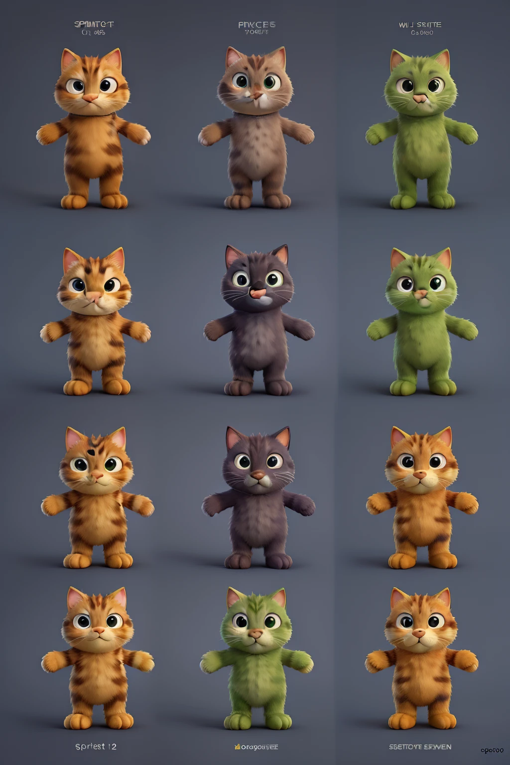 Create a sprite sheet of 9 to 12 different sprites in a consistent grid
We will use these sprites to make a GIF animation
The sprites should be showing cat trying to jump in cartoon style
Each sprite has to be different from the one before him
And make sure the sprite sheet is consistent and reliable
You have to generate 4 different images; each one depicting a totally unique sprite sheet