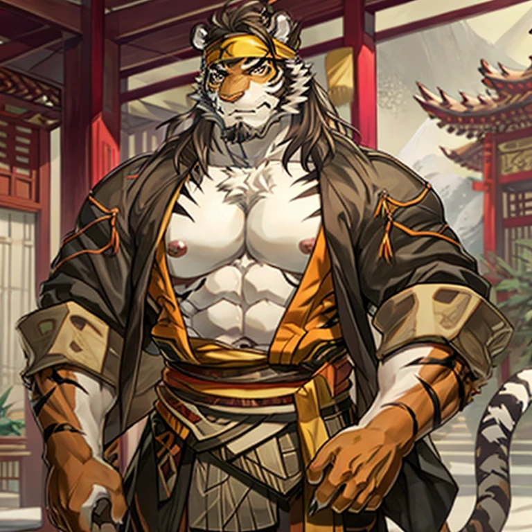 Masterpiece,Best quality,1boys,(Huai_Tianpei),Solo,Muscular male,hi,It's nothing,8K HD,Extreme detail,Detailed background,Masterpiece,Muscular,muscular anthro,aged up,view the viewer,hair-bun,Beard,Sideburns,Open clothes,Chinese clothes,Claws,Thick eyebrows,Orange body,Facial hair,Tiger tail,Brown hair,Headband,Tiger ears,Tiger Boy,Medium hair,Upper body,