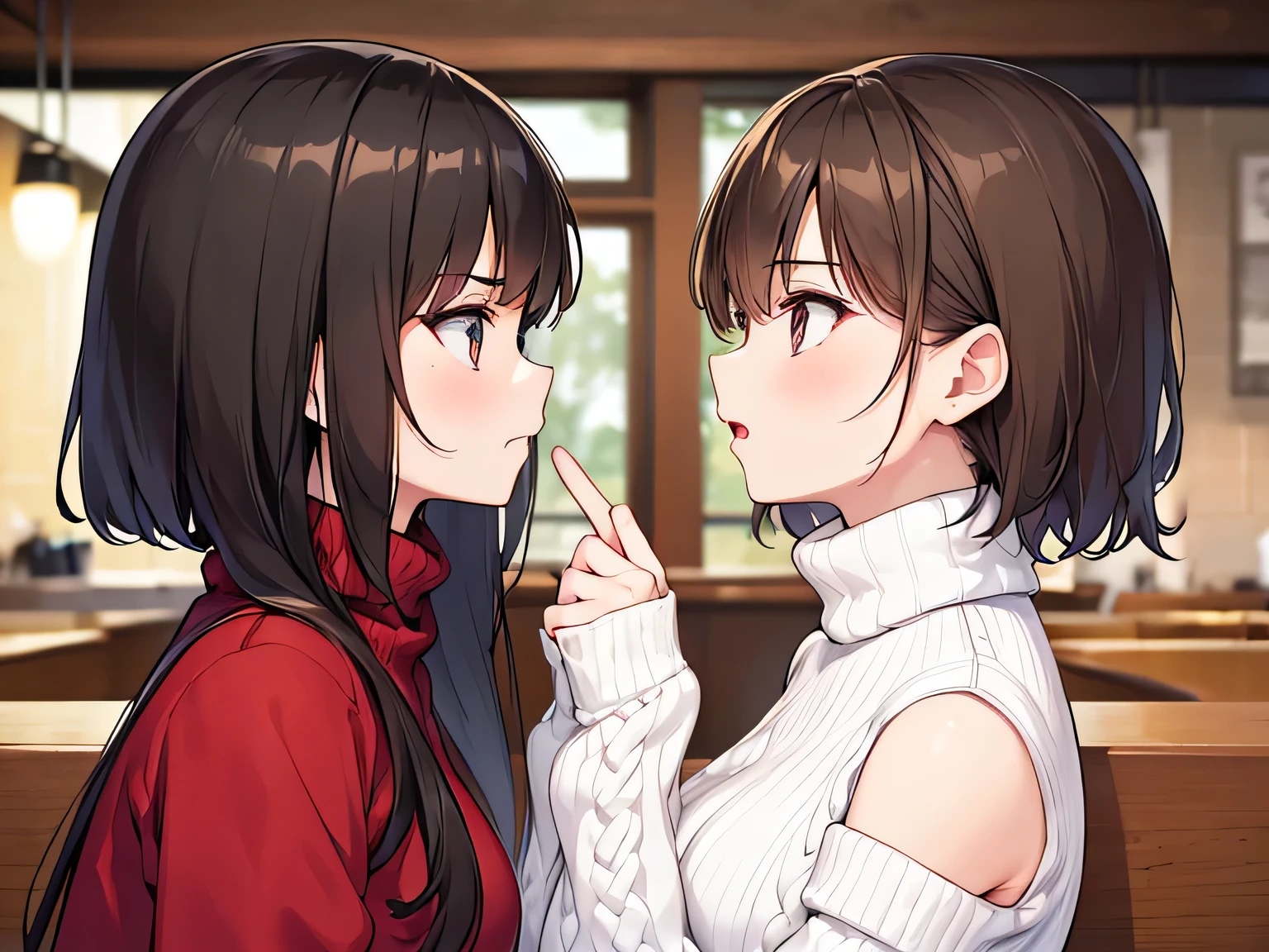 (Masterpiece, top quality, high resolution, realistic photo, realistic looking skin:1.1),
(Two women are very angry with each other and are staring at each other: 1.8), 
(Two women standing: 1.5),
(The first is 28 years old, wearing a red long-sleeved off-the-shoulder knit dress and has long brown hair:1.8),
(The second is 23 years old, wearing a white turtleneck long-sleeved knit dress with a denim mini and short black hair:1.8),
(The composition of the picture is a close-up view of their faces:1.8),
(Location: coffee shop:1.8),
1 Japanese girl, solo, full-bodied esbian, beautiful eyes, glowing eyes, glowing thighs, NSFW