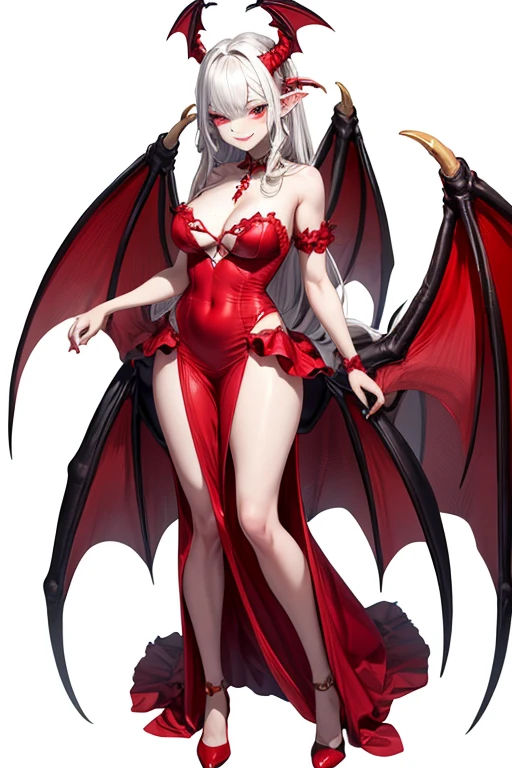 [(white background:1.5)::5], (bottle bottom:0.9), masterpiece,(full body:1.2),(masterpiece, ultra high res, 16k uhd, high quality),1monster girl, vampire, huge chest, red dress, smirk,perfect face,hybird,monster