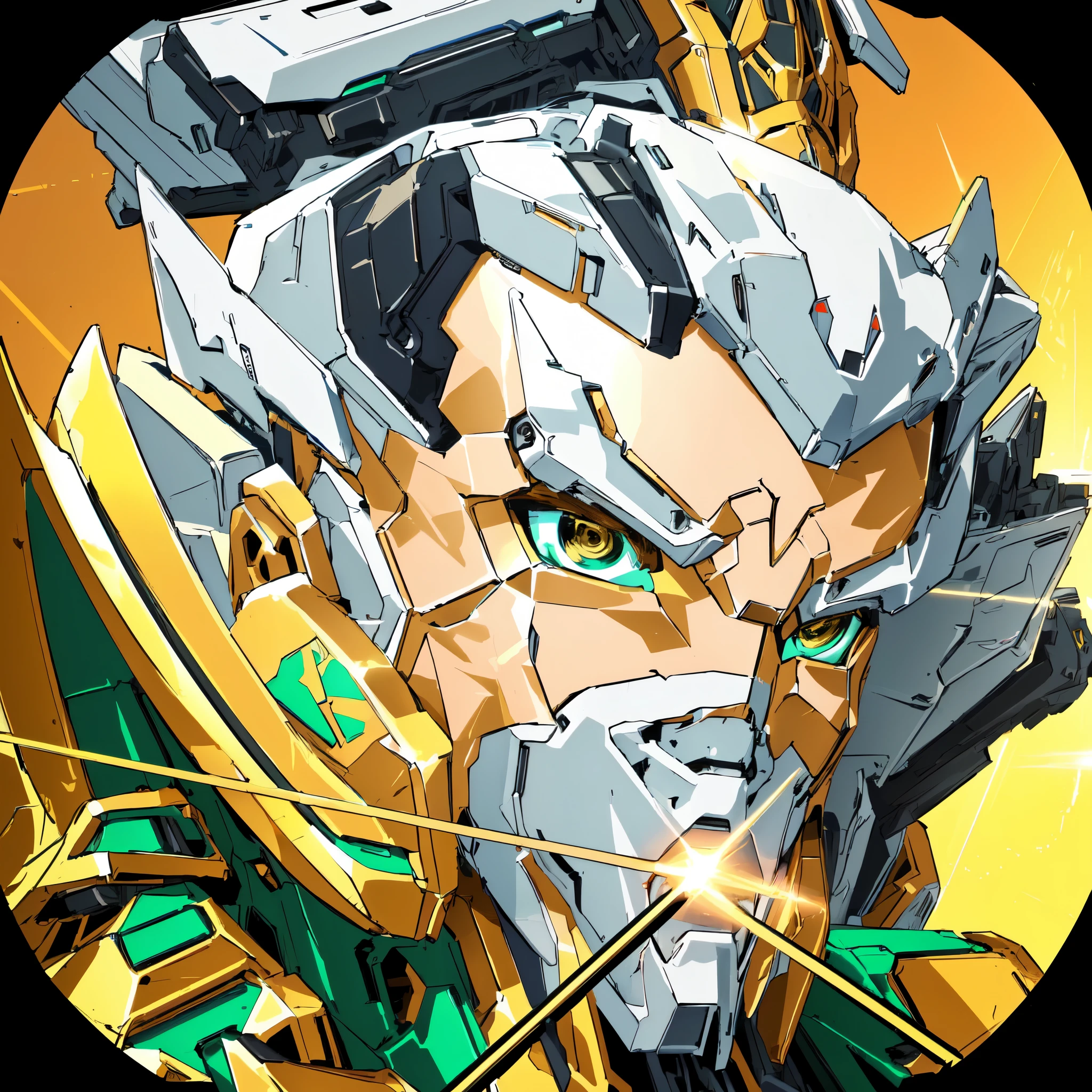 Futuristic Sci-Fi - Novel artwork of man standing in front of giant robot, Alexander Fira white mech, mecha art, golden laser breakdown mecha at range in the sky, high quality digital concept art, mecha inspiration, Alexander Ferra mecha, cool mecha style, mecha aesthetics, 4K highly detailed digital art, mecha portrait, concept art wallpaper 4K