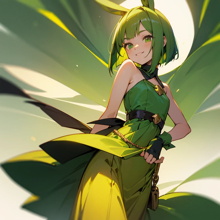 Green rabbit ears, green animal ears, 11 years old, bob cut, green hair, green eyes, thin eyebrows, smiling, young, , alone, short, very delicate, yellow dress, Evening dress waist pouch　Fingerless gloves Golden revolver, Long skirt