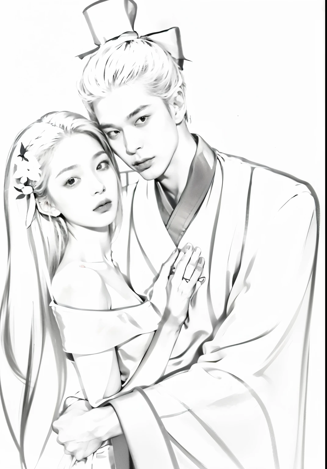 Drawing of a man and woman hugging each other, Flowing hair and long robes, แรงบันดาลใจจาก Yu Zhiding, Inspired by Torii Kiyonaka, Couple pose, Yi Qiang and Shuragrakt, Inspired by Nishikawa Sukenobu, High quality fan art, Ruean Jia and Chao Ruean, Very fine ink strokes, outline