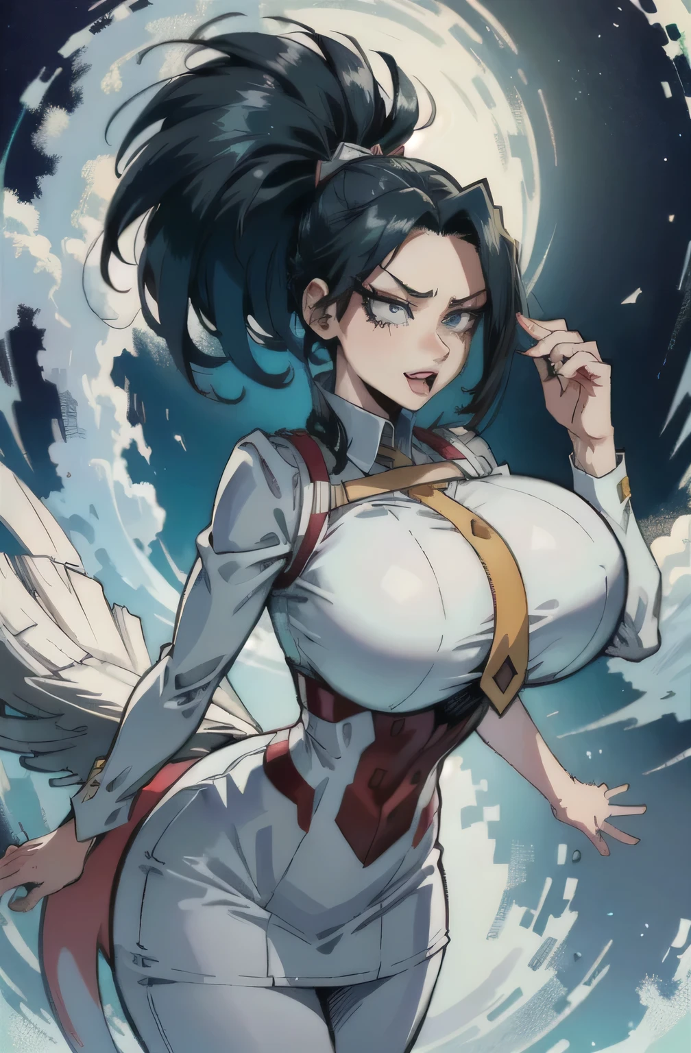 masterpiece, Boku no Hero Academia, Highres, Solo, Yaoyorozu Momo, lustful face, , big breasts, wide hips, tail, , suit and tie, white dress shirt, floating breasts