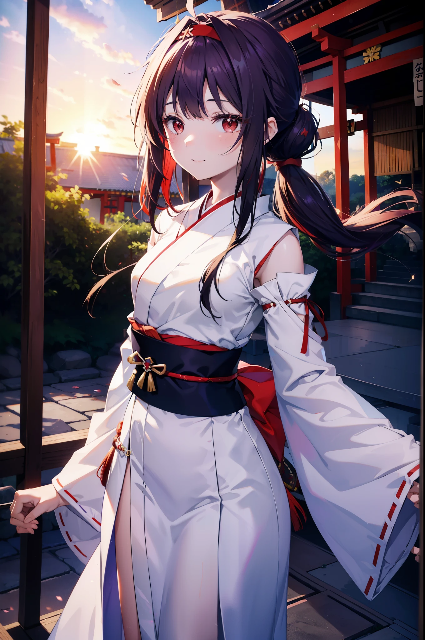 yuukikonno, Konno Yuuki, hair band, Long Hair, Pointed Ears, Purple Hair, (Red eyes:1.5), (Small breasts:1.2), Open your mouth,
happy smile, smile, Open your mouth,Platycodon grandiflorum,Miko, White Kimono,Purple Hakama Kimono, Wide sleeves, Long sleeve, Thick sleeves,Ribbon-trimmed sleeves, とてもLong Hair, Blunt bangs, Low ponytail, evening,sunset,太陽が沈んでいるbreak outdoors, shrine,torii, break looking at viewer, (Cowboy Shot:1.5), break (masterpiece:1.2), highest quality, High resolution, unity 8k wallpaper, (figure:0.8), (Beautiful fine details:1.6), Highly detailed face, Perfect lighting, Highly detailed CG, (Perfect hands, Perfect Anatomy),