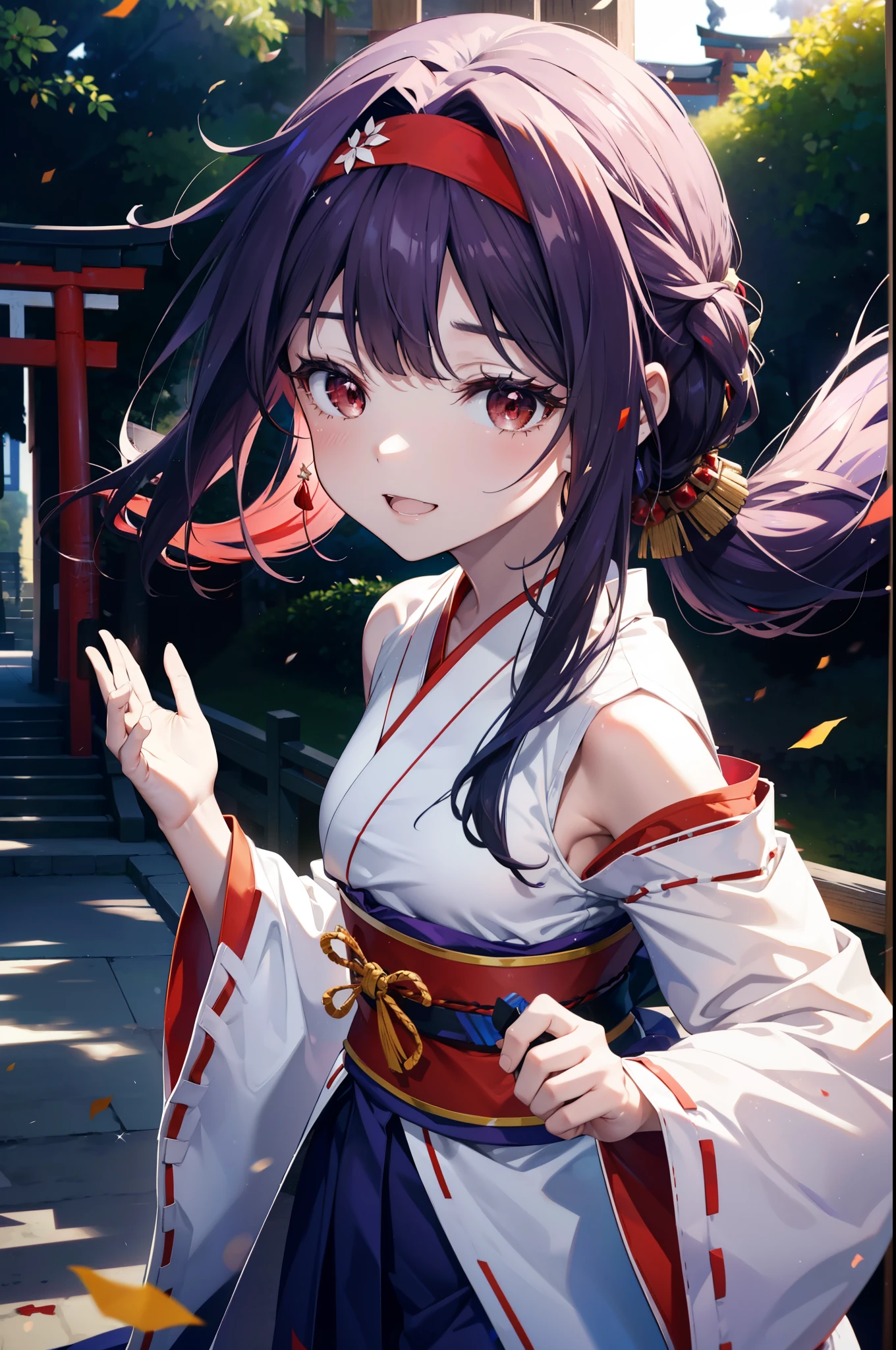 yuukikonno, Konno Yuuki, hair band, Long Hair, Pointed Ears, Purple Hair, (Red eyes:1.5), (Small breasts:1.2), Open your mouth,
happy smile, smile, Open your mouth,Platycodon grandiflorum,Miko, White Kimono,Purple Hakama Kimono, Wide sleeves, Long sleeve, Thick sleeves,Ribbon-trimmed sleeves, とてもLong Hair, Blunt bangs, Low ponytail, evening,sunset,太陽が沈んでいるbreak outdoors, shrine,torii, break looking at viewer, (Cowboy Shot:1.5), break (masterpiece:1.2), highest quality, High resolution, unity 8k wallpaper, (figure:0.8), (Beautiful fine details:1.6), Highly detailed face, Perfect lighting, Highly detailed CG, (Perfect hands, Perfect Anatomy),