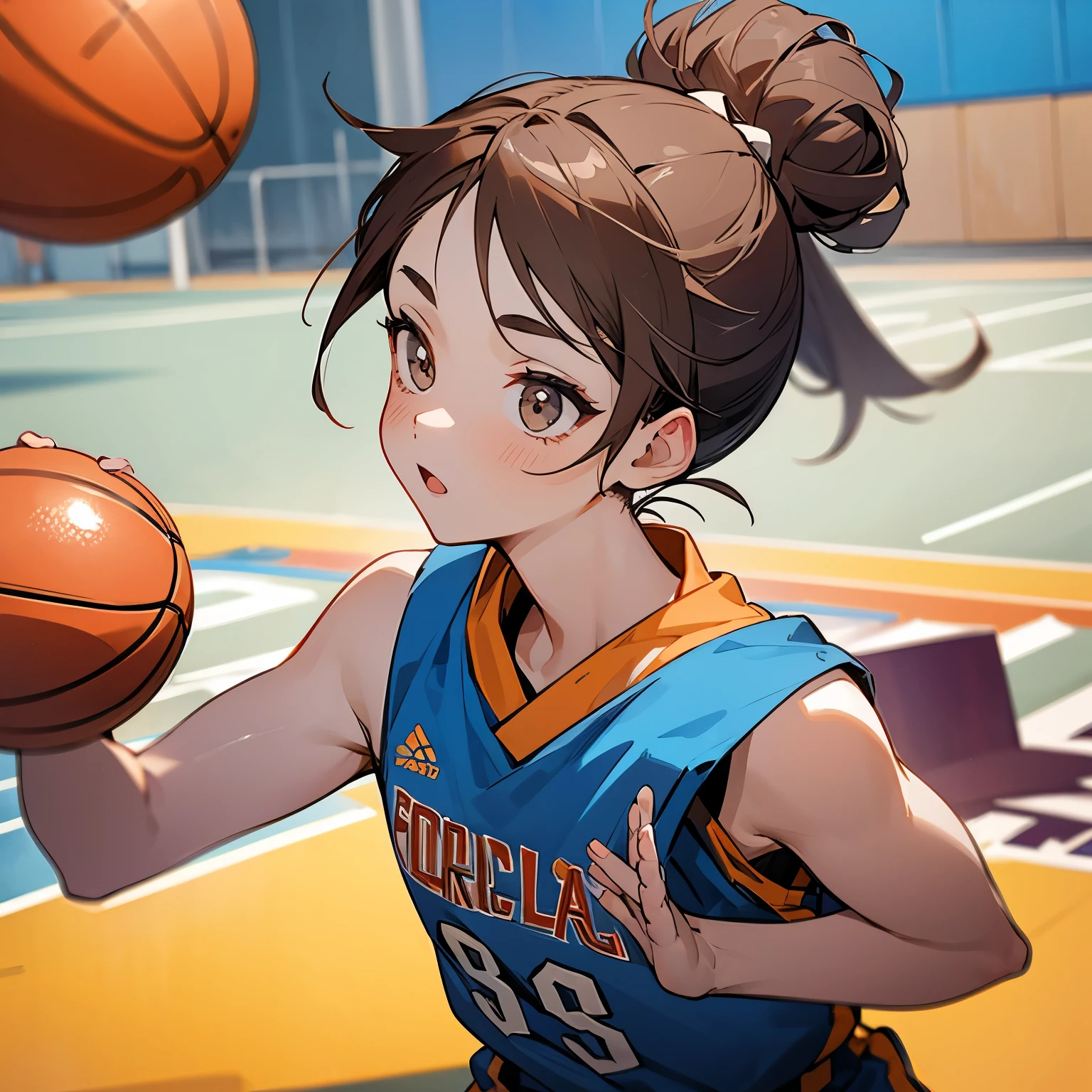 girl boyish that plays basketball with bun ponytail hairstyle