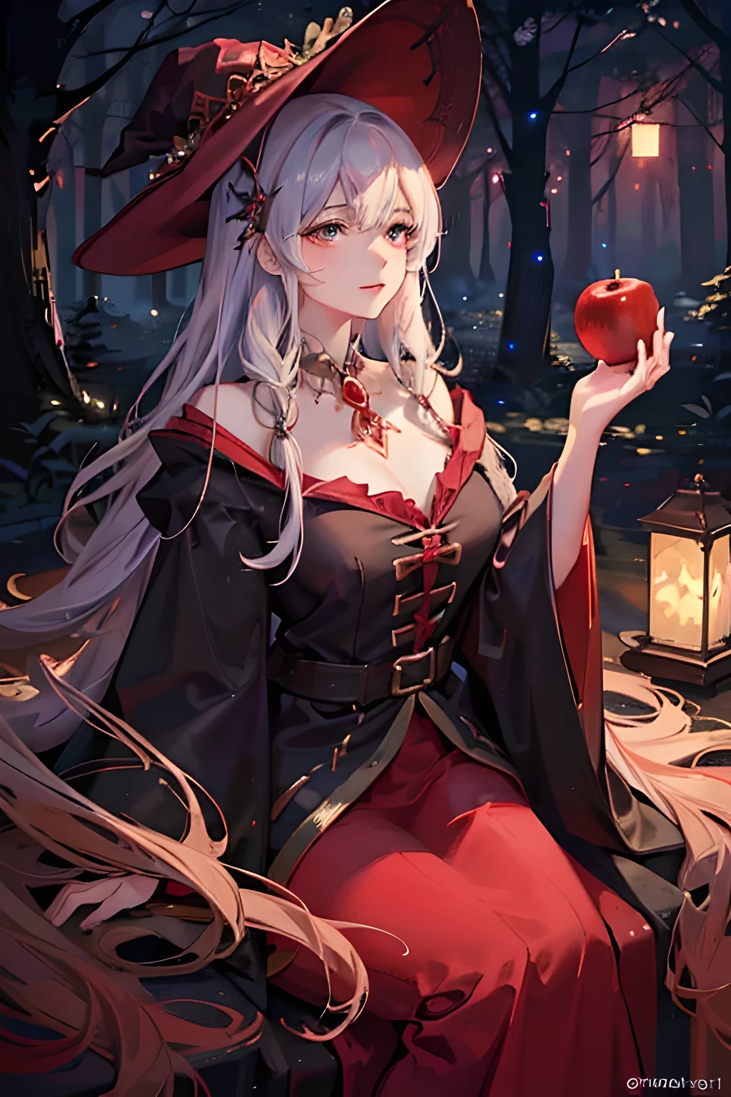 (High quality), (masterpiece), (detailed), 8K, A captivating illustration depicts a beautiful witch holding a vibrant red apple. (Mystical forest1.2) surrounds her, with (enchanted lights1.2) glowing softly in the background. The witch's (elegant robe1.2) flows in the gentle breeze, and her (hypnotic gaze1.2) draws you into the scene