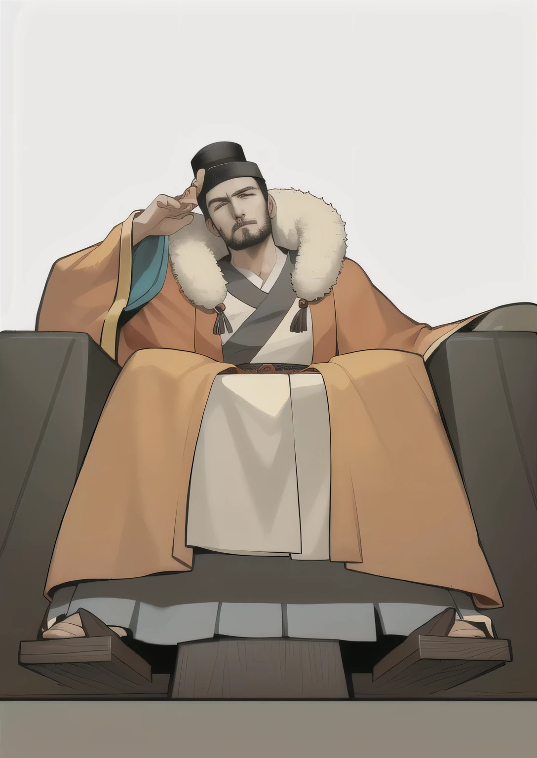 A man sitting on the sofa,Cartoon with blanket, Sitting on the Stone Throne, Sitting on his throne, Sitting on the throne, Sitting in royal comfort, Wearing period costume, Inspired by Dong Yuan, wearing chinese clothes, monk's robe, Confucius and Trial by Jury, Dressed in ancient warrior, tired god,Tang Dynasty of China,Black hat
