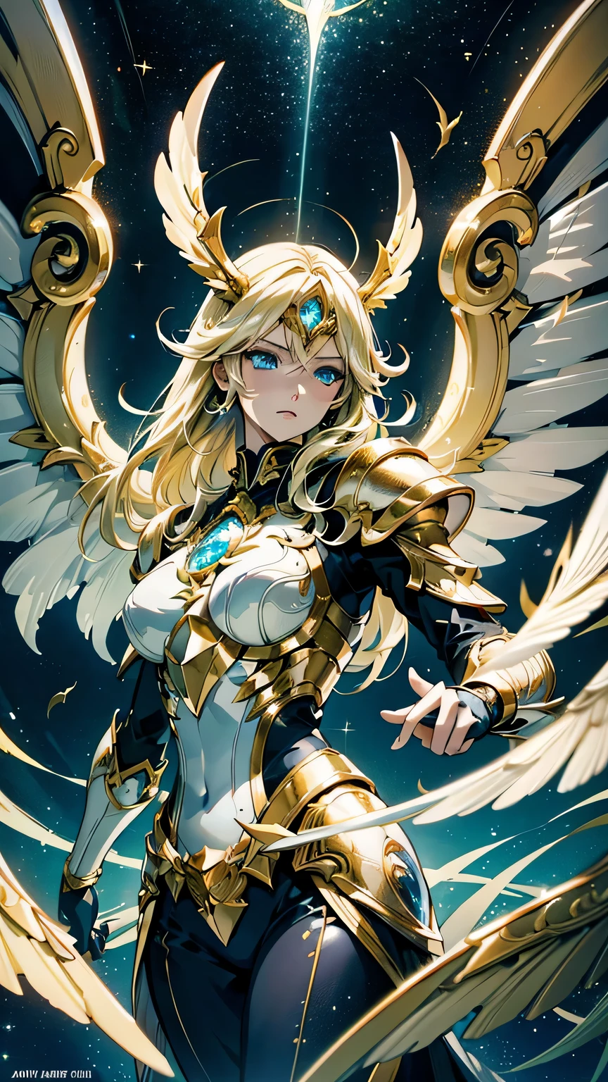 (best quality,8k,highres:1.2), ultra-detailed, realistic,photorealistic:1.37, AetherWingKayle, anime style, 4 wings, League of Legends, kayle, Aether Wing Kayle, blonde, ascended, beautiful detailed eyes, beautiful detailed lips, extremely detailed wings, hermosa, prestigious, majestic, vivid colors, exquisite armor details, divine light, celestial landscape, anime style, blue eyes, 4 wings, angelic, Slightly flushed, stars background, looking from above, dramatic lighting, looking at viewer, majestic gaze, beautiful detailed hair, clean hairstyle, Cute hairstyle