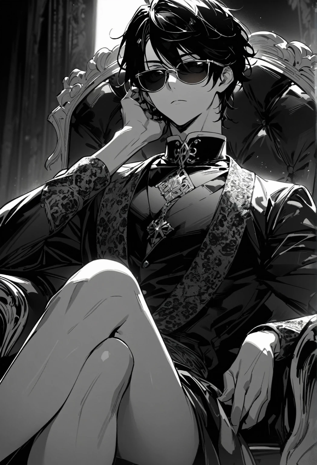 (Tarot Card Backgrounds),The man sat in the king's chair,highest quality, High resolution,One Man , Super beautiful face, Very beautiful eyes,Expressionless sunglasses legs crossed