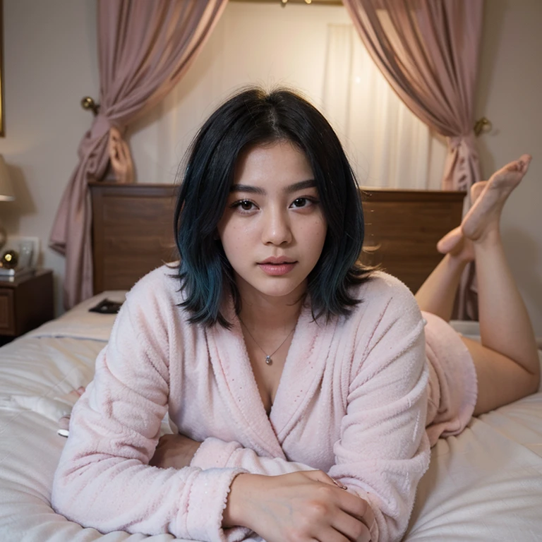 ((best quality)), ((masterpiece)), (detailed), perfect face
A female 20 year old Asian influencer with blue hair laying in bed holding her teddy bear in her luxurious hotel room. She’s wearing a pink bathrob covering