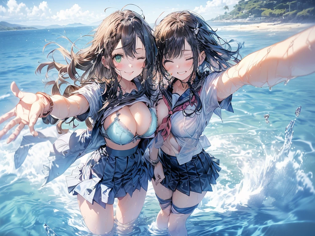 nswf:1.3,((masterpiece, highest quality, High resolution, 超High resolution, Pixel Perfect, Written boundary depth, 4k, RTX, human development report))), , beauty、View the whole body、((((looking up at viewer)))), (masterpiece: 1.2, highest quality, masterpiece, Clearer images), (Bright colors), ((Take clear photos even from a distance)), (Multiple Girls), (Harem), (School classmates), (((All school uniforms have the same design))), (((Everyone is wearing the same navy blue skirt))), (((Everyone is wearing a swimsuit of a different color and design.))),(()), ((prostitution婦)), (On the beach in Okinawa), (smile)、((youth)),(((Flirting))),(cute Japanese((6 girls))), (((infant'Face))), ((Group shot)), (((Group selfie))), ((ass visible through thighs))、Wide-angle, Soft Light、(((Blazer uniform, Checkered pleated skirt,White Shirt)))、(Slightly larger breasts), ((prostitution)), ((viewers love it)), Landscape、(((show panty:1.6)))、((breast grab:1.3)),(((bra lift:1.2)))、 ((Green Eyes, Beautiful eyelashes, Realistic eyes)), ((Detailed face, blush:1.2)), ((Smooth texture:0.75, Vibrant质感:0.65, Vibrant:1.1, Anime CG Style)), Medium breast, Perfect body, Beautiful curves、beautiful legs、thin、smile, (((Attractive way to stand))),((Model pose)), Aerith Gainsborough, Hair Ribbon, bracelet, brown hair, Side Lock, Parted bangs, Green Eyes, Braid, ((()Award-winning design underwear))、(((Everyone wears different colors and designs of underwear.))),show panty、((((open legs:1.4)))、((breast grab:1.3)),(((bra lift:1.2)))、Detailed depiction of the crotch、(water droplets:1.2)、(Stand with your feet apart), ((((Are standing)))), (Her legs were spread), (Made to stand with legs apart..) ,((Attractive way to stand)),(((Uplifting)))、(water droplets:1.4)、((Rising Wind:1.5)),please stand facing me、 thin脚, ((one eye closed))、((((selfie))))、((Hair fluttering in the wind)),((Hold your hair in your hands)),((arm behind head)),(((leaning forward)))、((((Flirting)))),Inner thighs