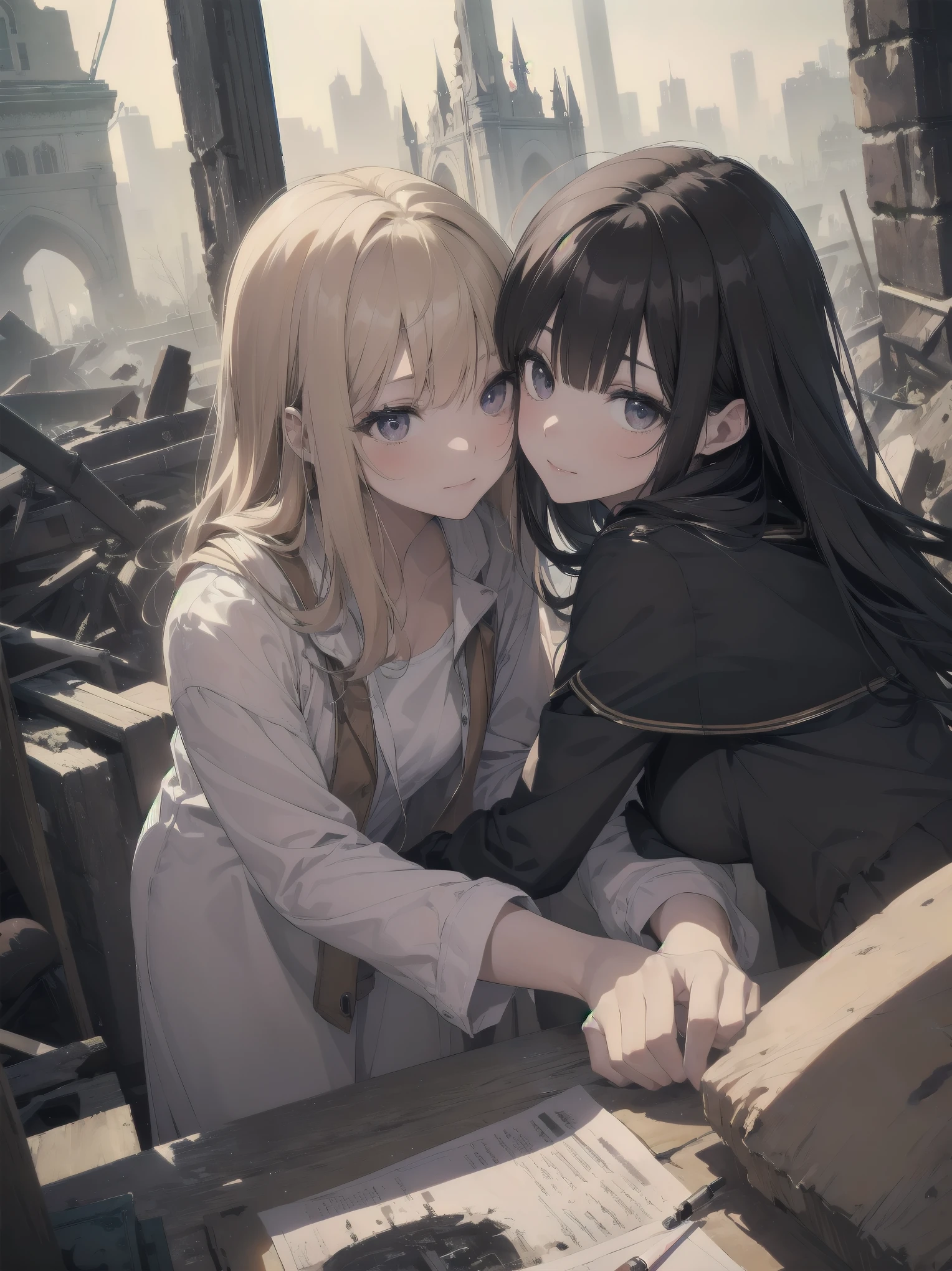 Two beautiful girls, a wonderful day, exploring an underground labyrinth, dark and spooky creatures,
Contracts, magic, solemnity, enchanting smiles, colorful, saturated,

departure, joy, anticipation.
Cape, strong winds, hurricane, super ruins,
Art, memorable masterpiece, historical moment,
Departure, seeing off, joy, anticipation, working, looking at the viewer, crowd
Watercolor: 1.3, Delicate, Detail, (Saturation: 1.2), Sharp Focus, Focus on Face, 

(Masterpiece:1.2),(Best Quality:1.2),Latest, Fine details, AI generated,