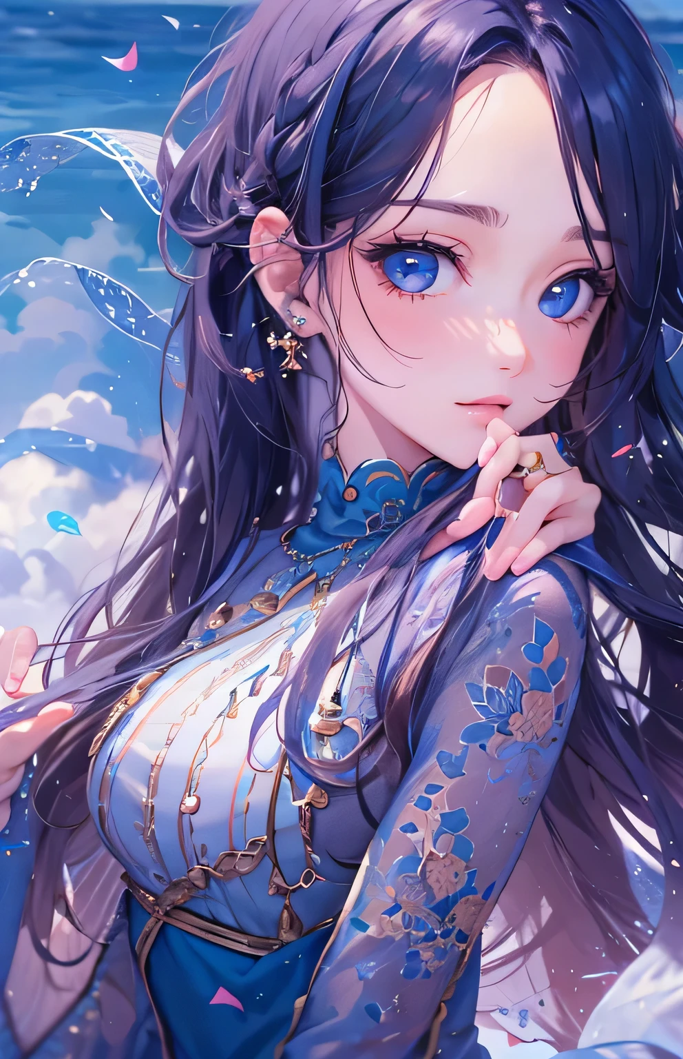 ((highest quality)), ((masterpiece)), (Get used to it), Perfect Face , Adult female , Ariel , Long and beautiful black hair , Beautiful light blue eyes , in the beautiful sea ,