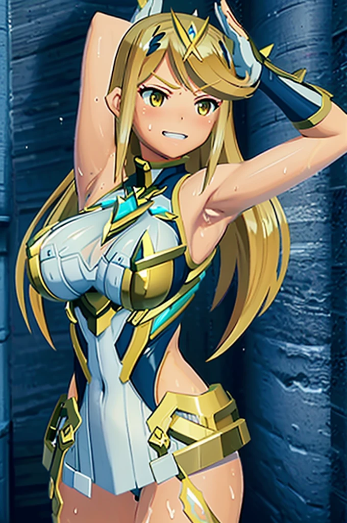 (masterpiece, Highest_quality, Very detailed, Spotless:1.3), amazing, figure, One girl, alone, Upper Body, Mithra \(Xenoblade\), smile, anger, Grin, Yellow Eyes, Blonde, leotard, Sweat, Wet Skin, Raise your arms, big breasts, Underarm, Abdominal muscles, Side view,