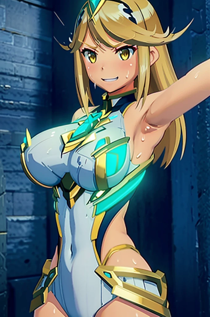 (masterpiece, Highest_quality, Very detailed, Spotless:1.3), amazing, figure, One girl, alone, Upper Body, Mithra \(Xenoblade\), smile, anger, Grin, Yellow Eyes, Blonde, leotard, Sweat, Wet Skin, Raise your arms, big breasts, Underarm, Abdominal muscles, Side view,