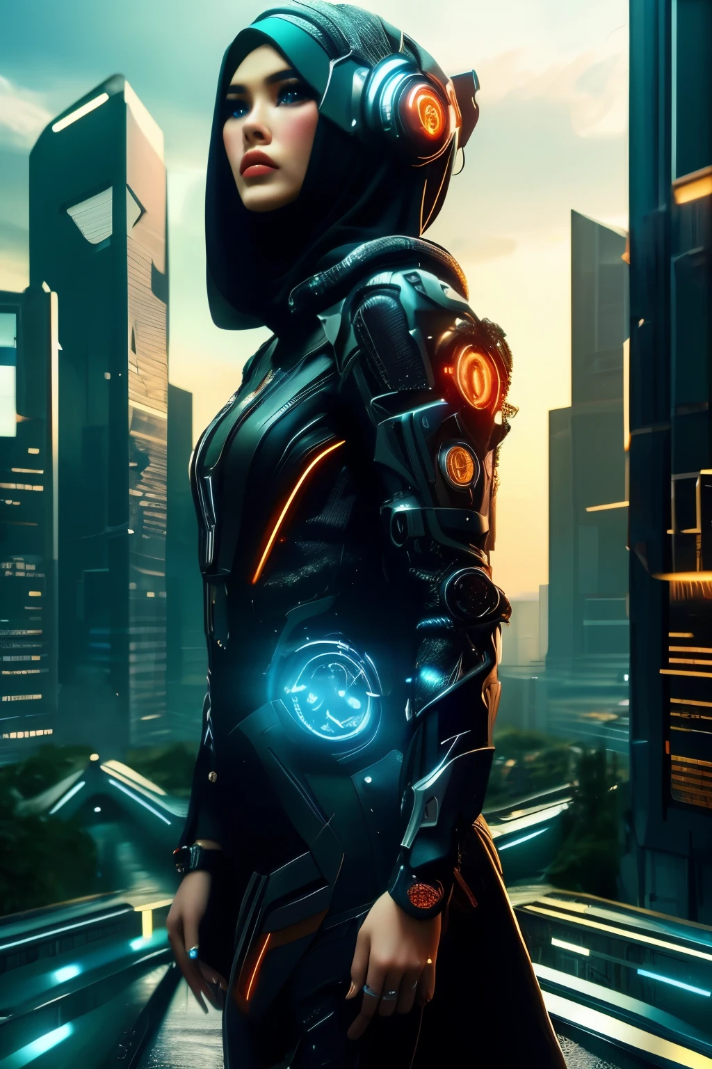 cyber punk girl in hijab,(best quality、8K、32K、masterpiece)、(Ultra -High definition)、(Photorealistic:1.4),dynamic pose,cowboy shot,cyberpunk fashion,golden,depth of field,cyberpunk jakarta city background,lighting cinematic.