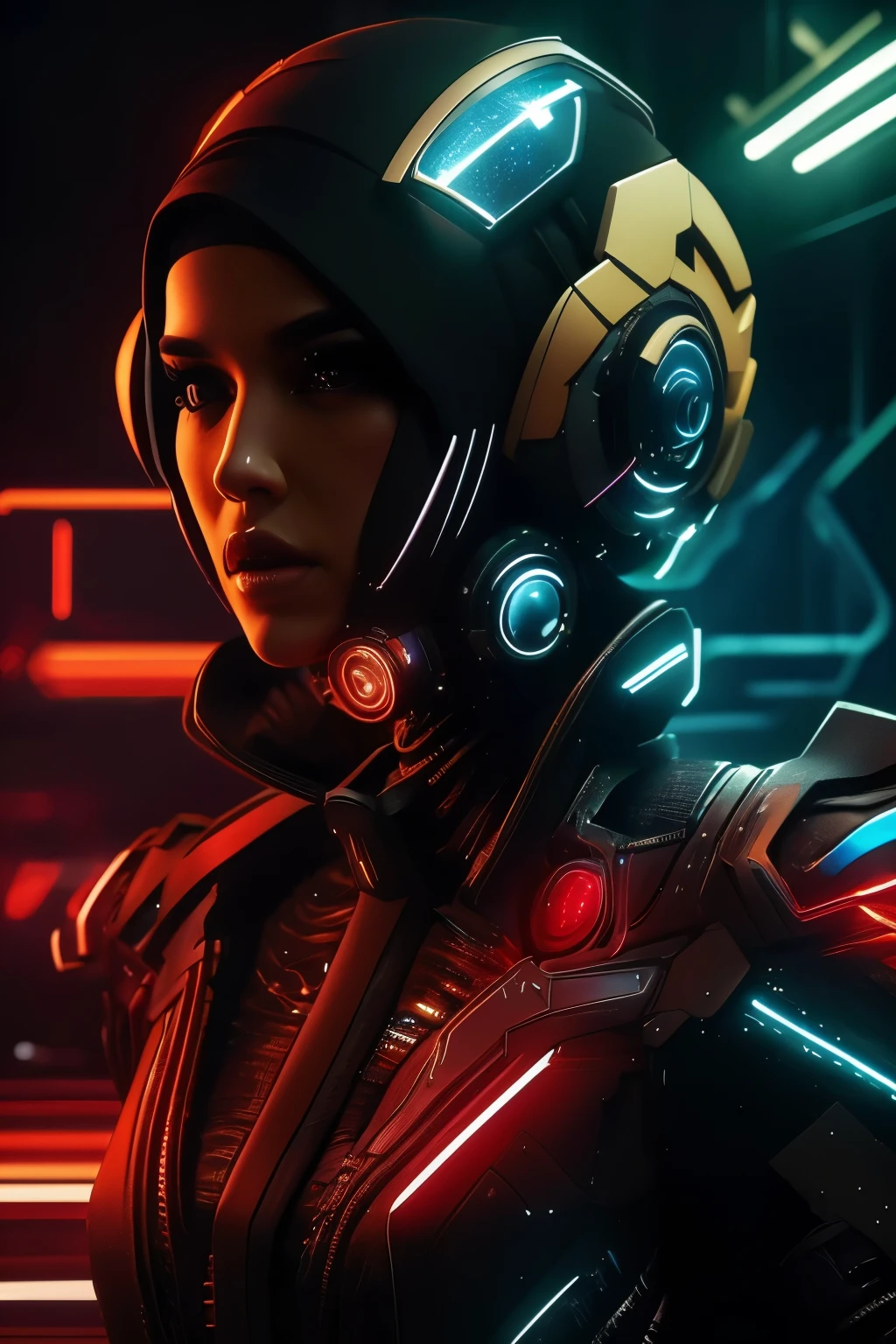 cyber punk girl in hijab,(best quality、8K、32K、masterpiece)、(Ultra -High definition)、(Photorealistic:1.4),dynamic pose,cowboy shot,cyberpunk fashion,golden,depth of field,cyberpunk jakarta city background,lighting cinematic.