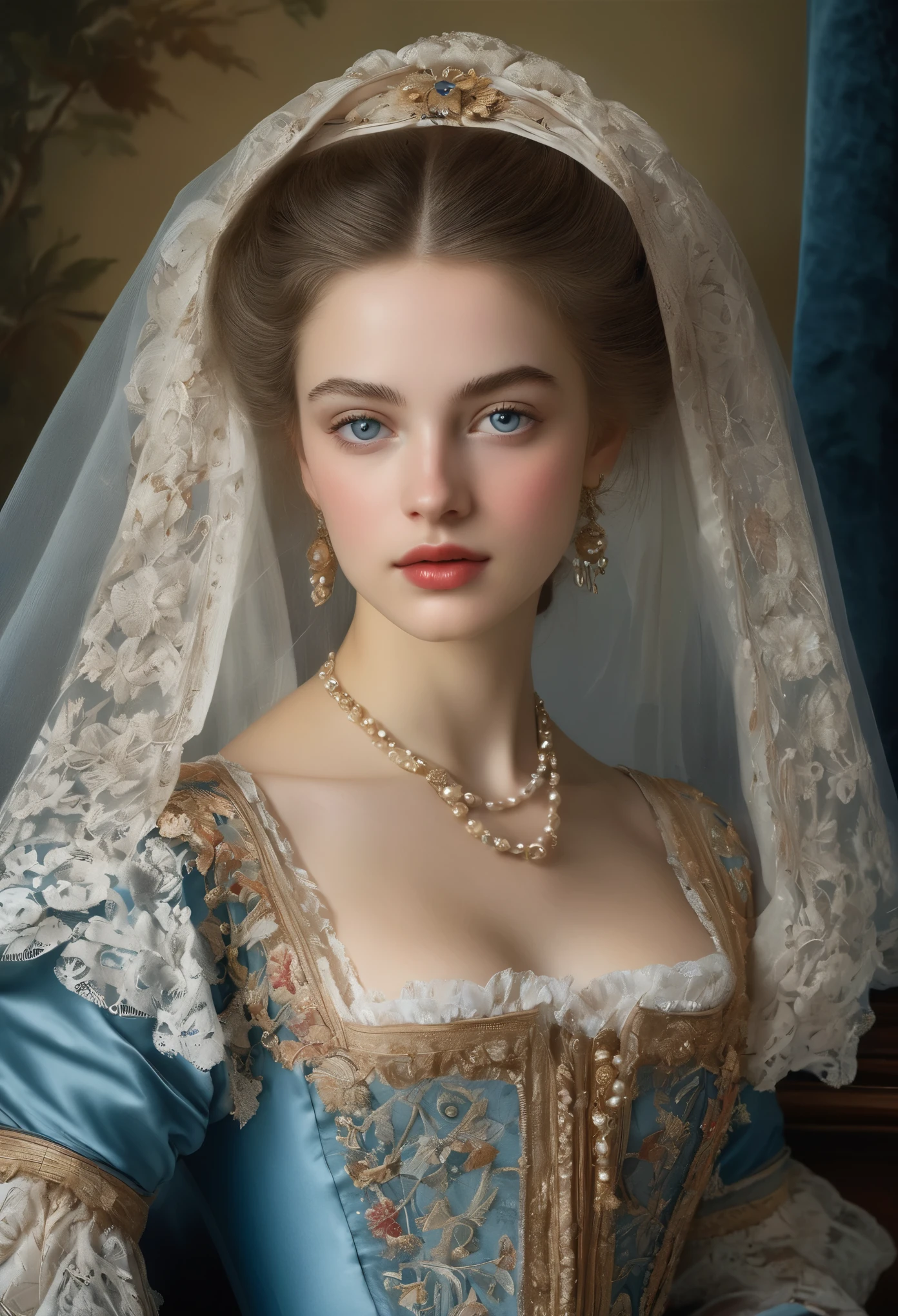 (highres,masterpiece:1.2),(realistic:1.37)A portrait of a French aristocrat girl in the 18th century with unparalleled beauty. She has mesmerizing blue eyes and delicate rosy lips. The portrait is meticulously detailed, capturing every subtle nuance of her features. She is adorned in an exquisite silk gown, embellished with intricate lace and delicate embroidery. The painting showcases the opulence of the era, with lush velvet curtains and gilded furniture in the background. The lighting is soft and diffused, accentuating the girl's ethereal beauty. The colors are vibrant and rich, creating a captivating visual experience. The portrait is created in the style of classical portraiture, reminiscent of the works of renowned artists from the era. It exudes elegance, grace, and sophistication.