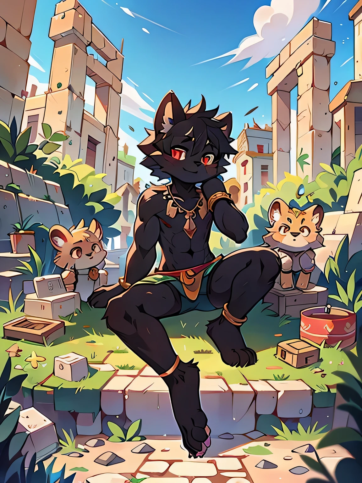 rest,Masterpiece,high resolution,8k,Detailed background,high quality,rest,rest,(Black fur,black sclera,Golden Eyes,fluffy fur,Detailed fur)) , shattered, muscular,( Sexual desire boy,Shota) doll,fig leaves,Loincloth(ancient greek architecture,market,necklace,bracelet),solo,nude, expressive,Looking at the audience,Male focus,Lift your feet and face the audience