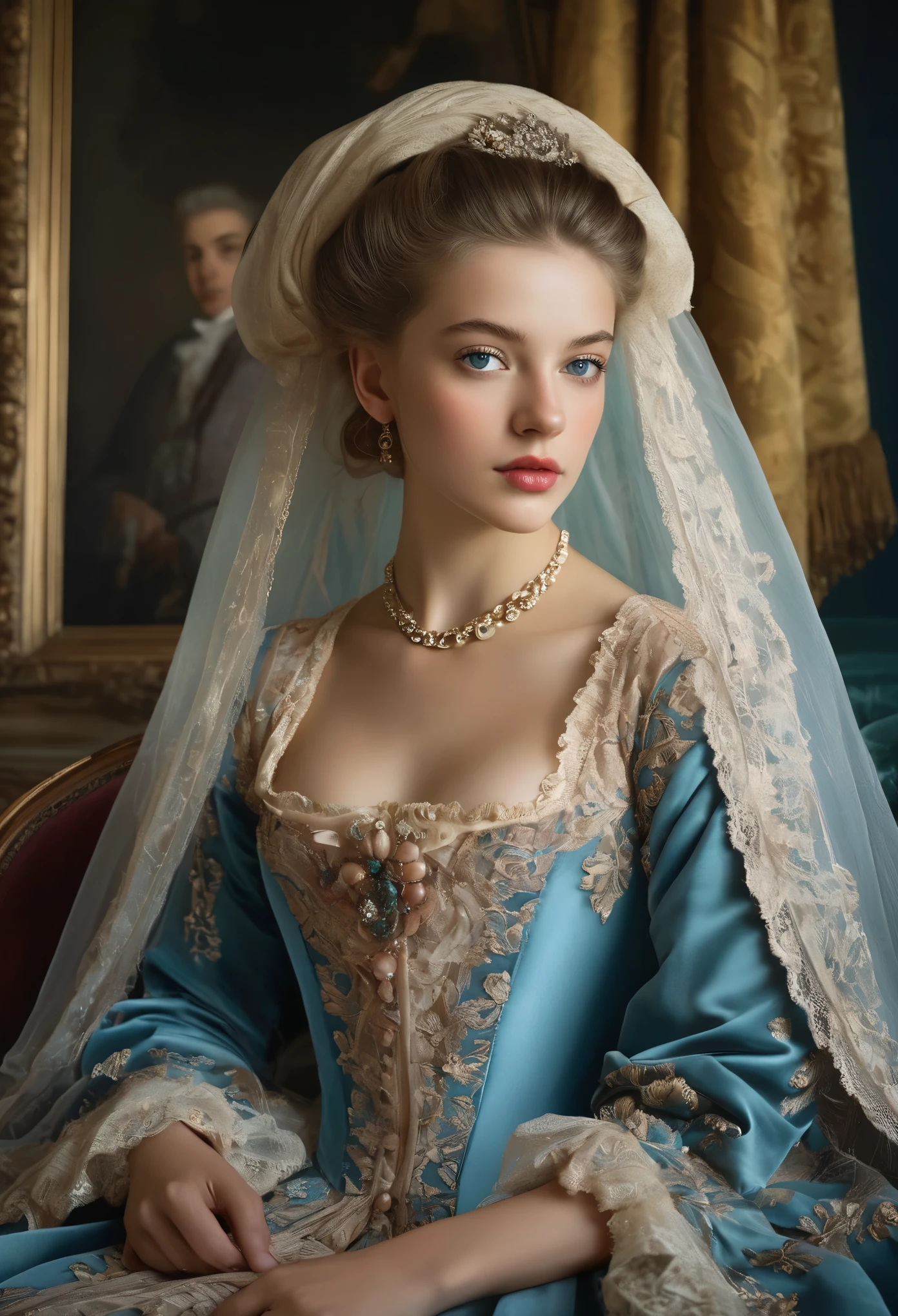 (highres,masterpiece:1.2),(realistic:1.37)A portrait of a French aristocrat girl in the 18th century with unparalleled beauty. She has mesmerizing blue eyes and delicate rosy lips. The portrait is meticulously detailed, capturing every subtle nuance of her features. She is adorned in an exquisite silk gown, embellished with intricate lace and delicate embroidery. The painting showcases the opulence of the era, with lush velvet curtains and gilded furniture in the background. The lighting is soft and diffused, accentuating the girl's ethereal beauty. The colors are vibrant and rich, creating a captivating visual experience. The portrait is created in the style of classical portraiture, reminiscent of the works of renowned artists from the era. It exudes elegance, grace, and sophistication.