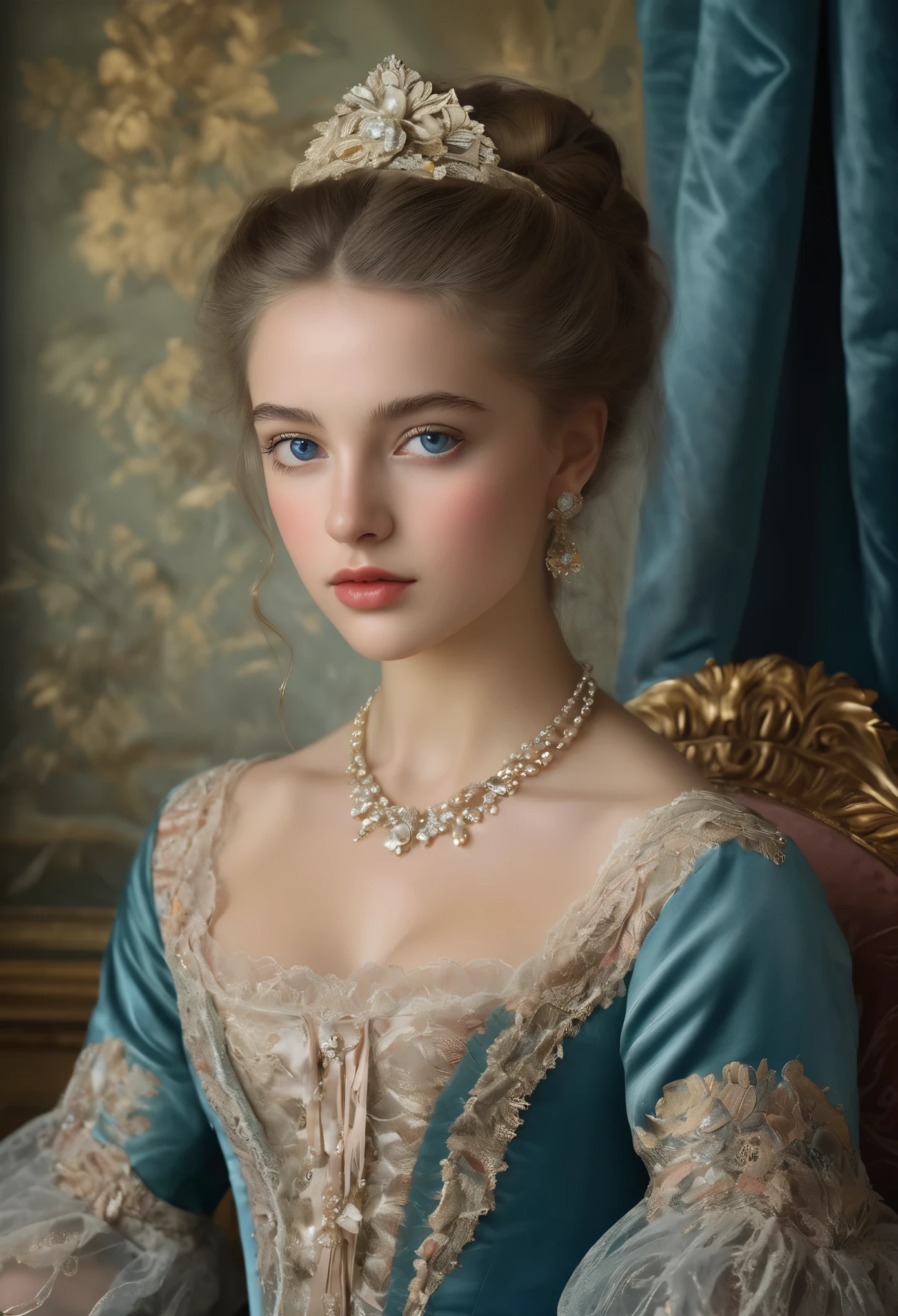 (highres,masterpiece:1.2),(realistic:1.37)A portrait of a French aristocrat girl in the 18th century with unparalleled beauty. She has mesmerizing blue eyes and delicate rosy lips. The portrait is meticulously detailed, capturing every subtle nuance of her features. She is adorned in an exquisite silk gown, embellished with intricate lace and delicate embroidery. The painting showcases the opulence of the era, with lush velvet curtains and gilded furniture in the background. The lighting is soft and diffused, accentuating the girl's ethereal beauty. The colors are vibrant and rich, creating a captivating visual experience. The portrait is created in the style of classical portraiture, reminiscent of the works of renowned artists from the era. It exudes elegance, grace, and sophistication.