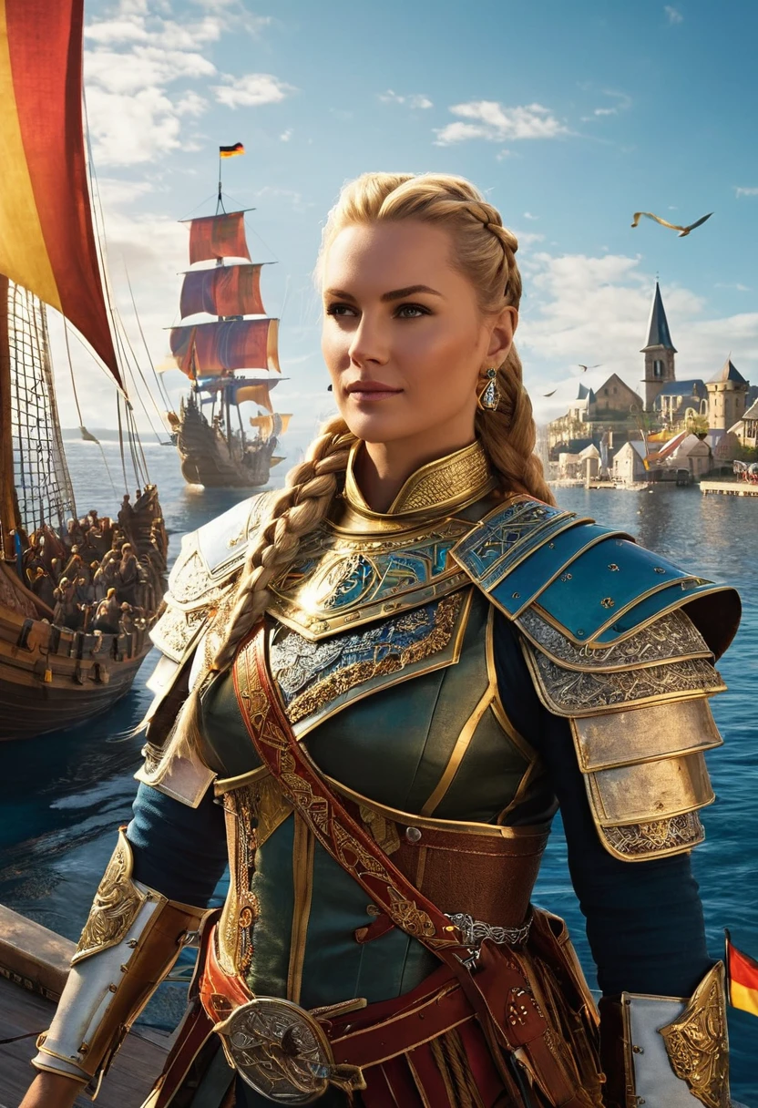 **Post 5: Arrival in the Mitrasphere**
*Setting*: The harbor of the Mitrasphere, decorated with colorful sails and busy merchants. The sun rises over the city's towers and the light is warm and inviting.
*Pose/Action*: Harald Goldsnake Harald ("Harald Goldsnake" 35 years old, chubby, natural body, light blonde hair sidecut, braids) stands on the quay, surrounded by his loyal Skargen. They are ready to enter the land and begin their attack on the Mitrasphere.
*Mood*: There is an atmosphere of excitement and anticipation. Harald and the Skargen have achieved their goal and are ready to assert their influence in the Mitrasphere.
*Caption (German)*: "We have arrived. The mitrasphere opens its gates for us, and we will assert our place in this world. Let's fight! #realmsofmythodea #nsc #npc #skargen"