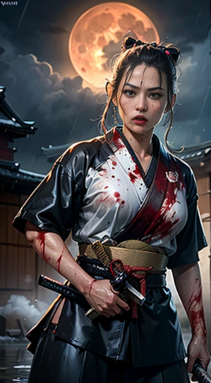 [object object], (Detailed facial features:1.3),1woman,Delicate face,Shiny eyes,Beautiful Face,((Japanese princess)),In the palace,Japanese architecture,The flames of war are raging everywhere,((Fighting stance:1.2)),((Sharp explosions)),outside,((Wet clothes)),Moist skin,((Stormy rain:1.3)),cloudy sky,((Samurai clothing in the Japanese Warring States:1.3)),Sky color red,((Full moon:1.2)),At night,High winds,dynamic shot,Black hair,long hair, ,Phoenix plaid clothing,
(Raw image, 16 kg, Masterpiece, Best quality: 1.2), (Ultra Realism, Hyper-detailed and complex realism: 1.3), (Wide depth of field, Radiological mapping, Ray tracing, Rays of God: 1.2), High dynamic range, clear, rich detail, ظلال clearة ويسلط الضوء, real, Intense, Enhanced contrast,(((Samurai sword in hand))),((Blood on the face:1.3)),((Damaged clothes:1.3)),Human development report,Natural lighting,Hair bun,Powerful look