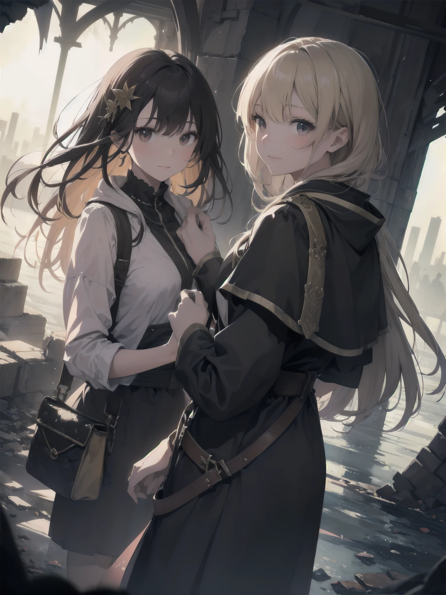 Two beautiful girls, a wonderful day, exploring an underground labyrinth, dark and spooky creatures,
Contracts, magic, solemnity, enchanting smiles, colorful, saturated,

departure, joy, anticipation.
Cape, strong winds, hurricane, super ruins,
Art, memorable masterpiece, historical moment,
Departure, seeing off, joy, anticipation, working, looking at the viewer, crowd
Watercolor: 1.3, Delicate, Detail, (Saturation: 1.2), Sharp Focus, Focus on Face, 

(Masterpiece:1.2),(Best Quality:1.2),Latest, Fine details, AI generated,