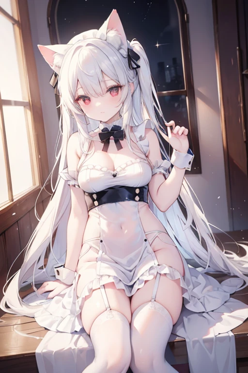 best quality、8K、red eyes,white hair,long hair,Maid dress,White cat ears,White cat tail,garter belt,garter strap,collar with bells,beautiful girl、Nice、Beautiful hair、Beautiful eyes、Beautiful skin、 Beautiful legs、Beautiful arms、Perfect fingers、Very cute、Very kawaii、