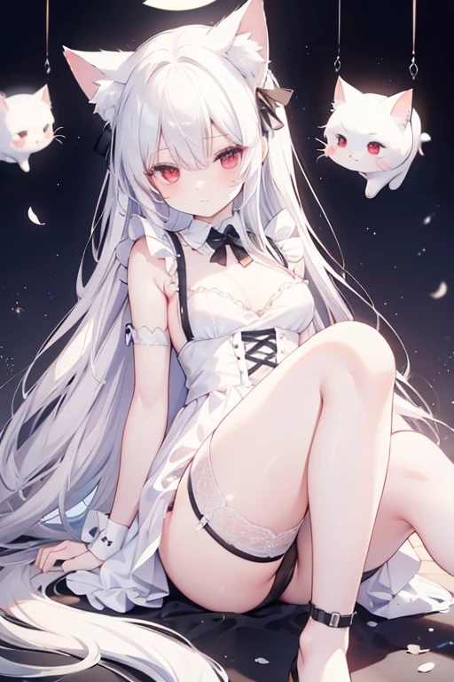 best quality、8K、red eyes,white hair,long hair,Maid dress,White cat ears,White cat tail,garter belt,garter strap,collar with bells,beautiful girl、Nice、Beautiful hair、Beautiful eyes、Beautiful skin、 Beautiful legs、Beautiful arms、Perfect fingers、Very cute、Very kawaii、