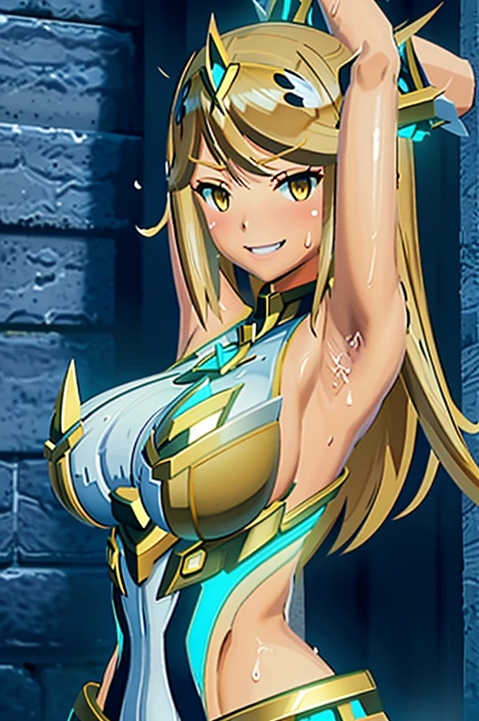 (masterpiece, Highest_quality, Very detailed), amazing, figure, One girl, alone, Upper Body, Mithra \(Xenoblade\), smile,  Grin, Yellow Eyes, Blonde, leotard, Sweat, Wet Skin, Raise your arms, big breasts, Underarm, Side view,