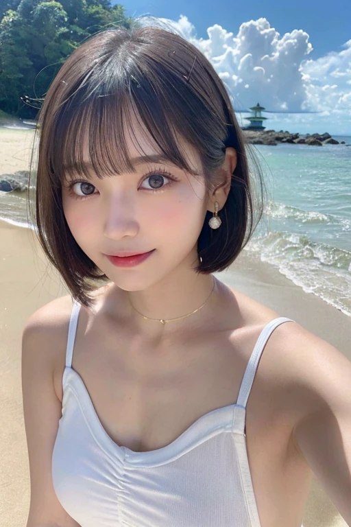 (Surreal), (Awareness-raising), (High resolution), (8k), (Very detailed), (The best Awareness-raisingns), (Beautiful fine details), (highest quality), (Ultra-detailed), (masterpiece), (wallpaper), (Detailed face), (Beautiful smile)、(Beautiful Face)、medium bob cut hair、Bangs with earrings、solo、(((cute日本の美しい女の子)))、 20 year old beautiful japanese girl))、 real skin、Divided、Medium Chest、Swimwear、Full Body Lesbian、big、Beach、cute、camisole、Ultra Mini