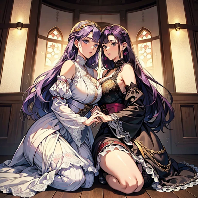 (Anime Moe Style)),((Game CG)),(masterpiece),(highest quality), (Very detailed),shape,((Very delicate and beautiful)),　,Embarrassed expression,Watching the audience,(((18-year-old female)),（Sisters lined up)((whole body)),Detailed face and eyes,Intense eyes like jewels,(Loose braid),,,(Super huge breasts,Long and saggy breasts,）　　　　Voluptuous body　Purple hair with white mesh and black eyes　　A long-sleeved, long-skirted dress in gorgeous all-lace. Body-hugging lace clothing. Gorgeous black, red and gold lace fabric. Princess line. Sleeveless. Gorgeous lace fabric. Ultra-mini skirt. Black knee-high socks. Two people in sexy outfits.