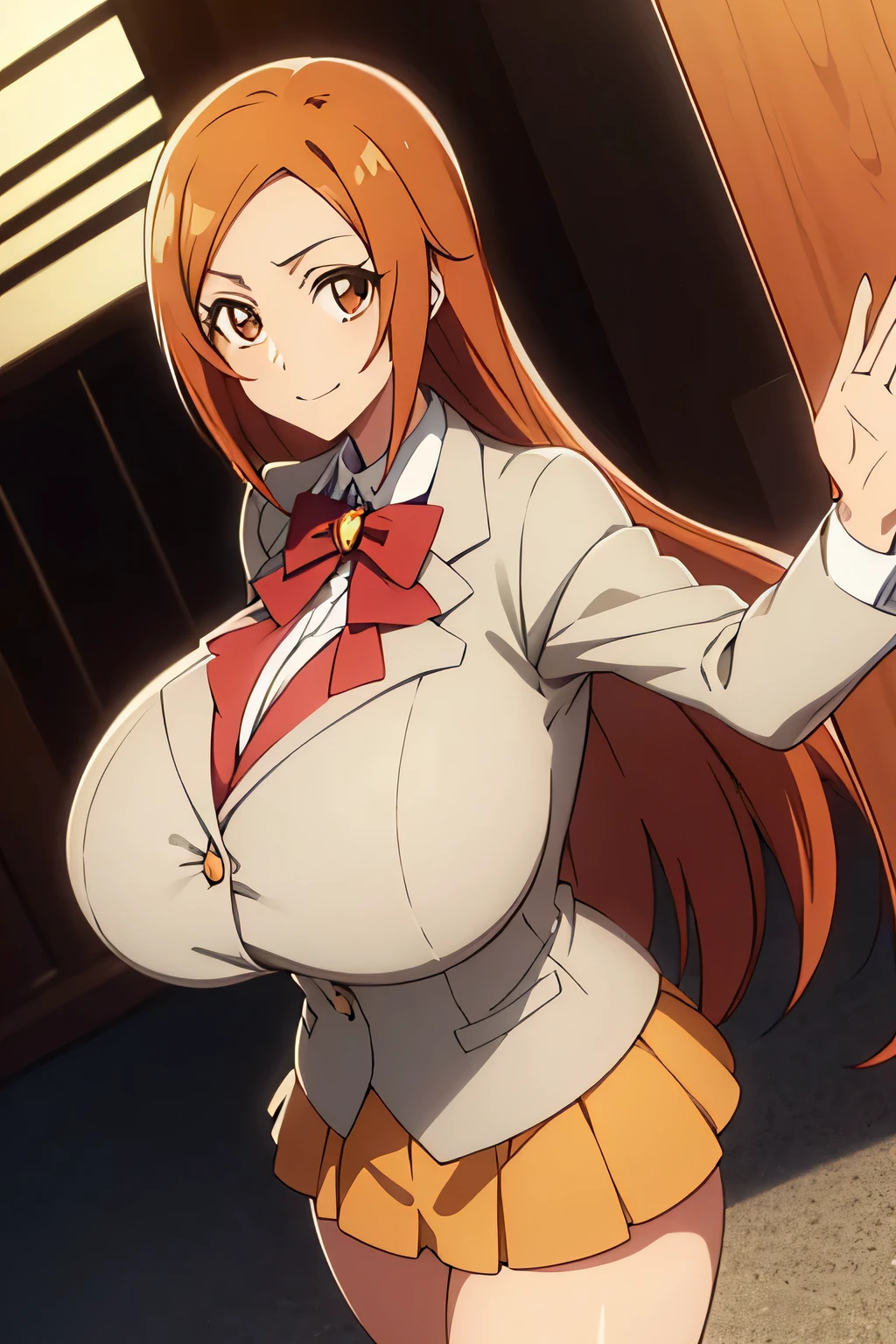 inoue orihime, inoue orihime, Long hair, Orange hair, (Brown eyes:1.5), Take off your uniform, Blazer, bow ribbon, Neck ribbon, Bow, bowtie, Red bow, grey blazer, grey skirt, looking at the viewers, BREAK (masutepiece:1.2), Best Quality, High resolution, Unity 8k wallpaper, (Illustration:0.8), (Beautiful detailed eyes:1.6), extra detailed face, Perfect Lighting, extremely details CG, (Perfect hands, Perfect Anatomy),Smile with open mouthplein air、outside of house、(huge-breasted:1.3), (big breasts:1.3)、(Naughty thighs:1.3)、plein air、blue-sky, shiny oily skin with high contrast,, huge long breasts,
