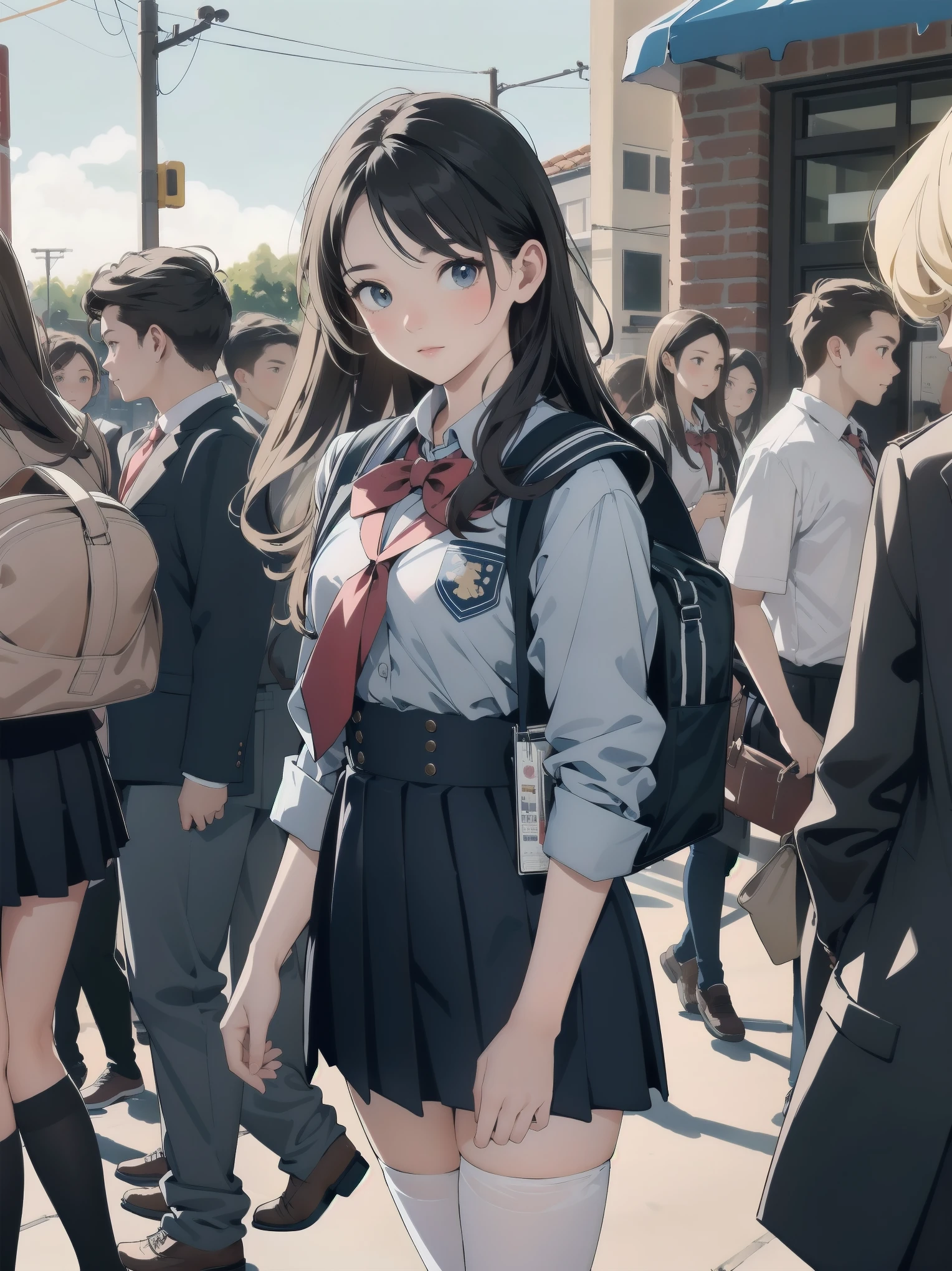 One girl, spring, high school, , warm colours, schoolbag, accurate and very detailed background, crowd of schoolgirls in uniform with various body shapes and hairstyles, cute.
