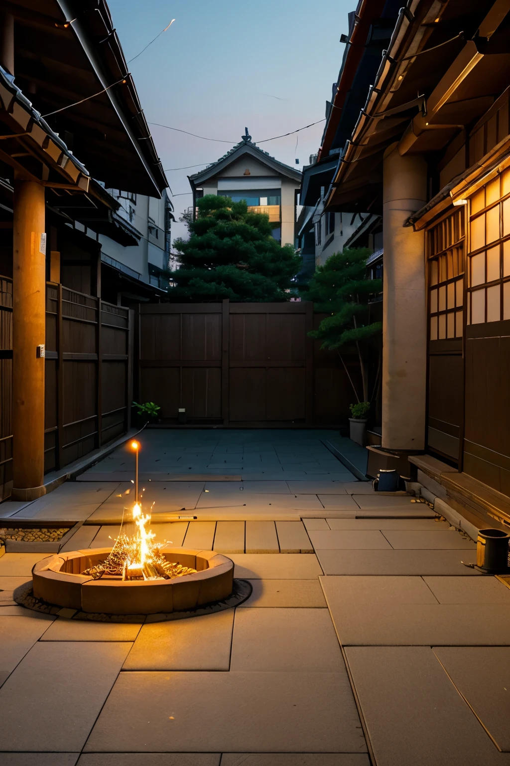 night time in japan yard. fire crackers are cracking
no people around