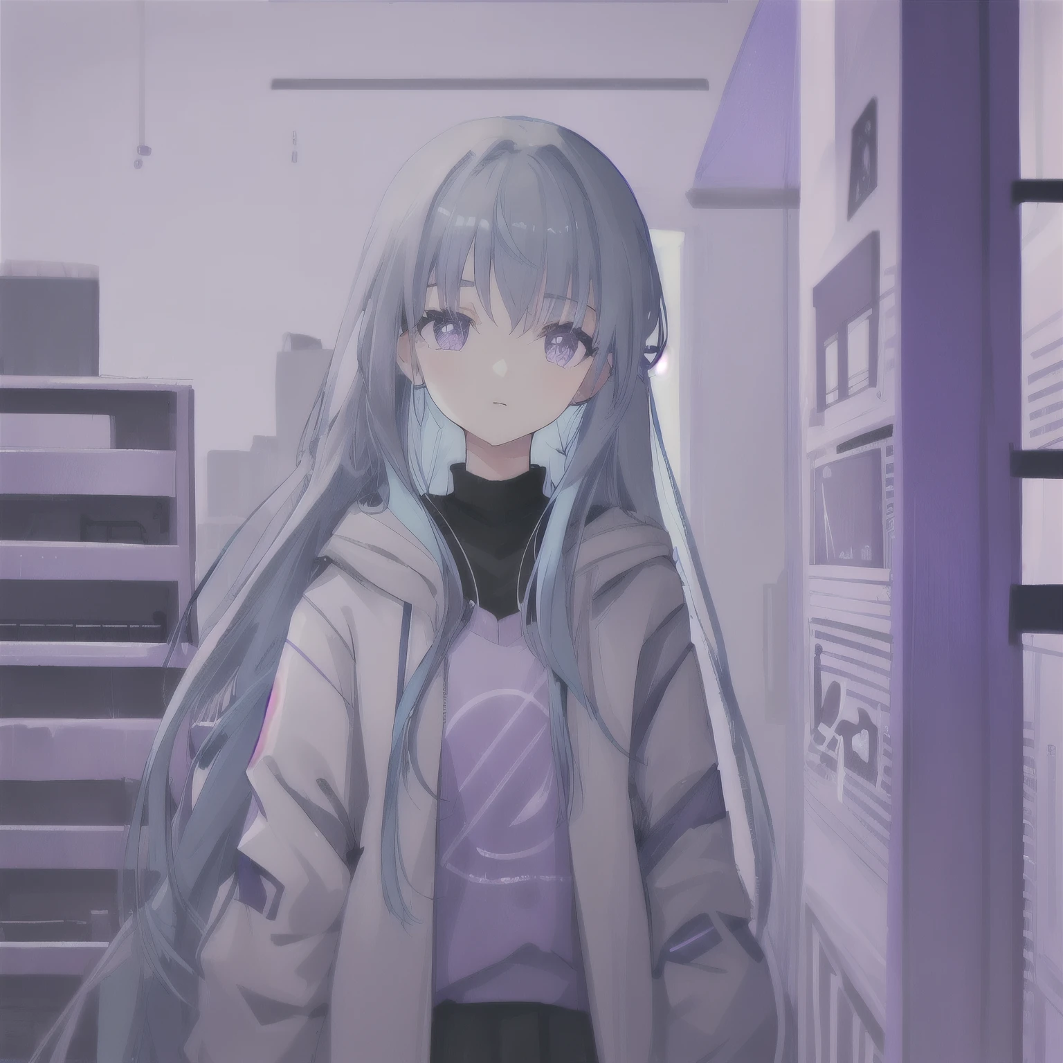 Young woman, blue hair, long hair, Purple eyes, Grey clothes,
