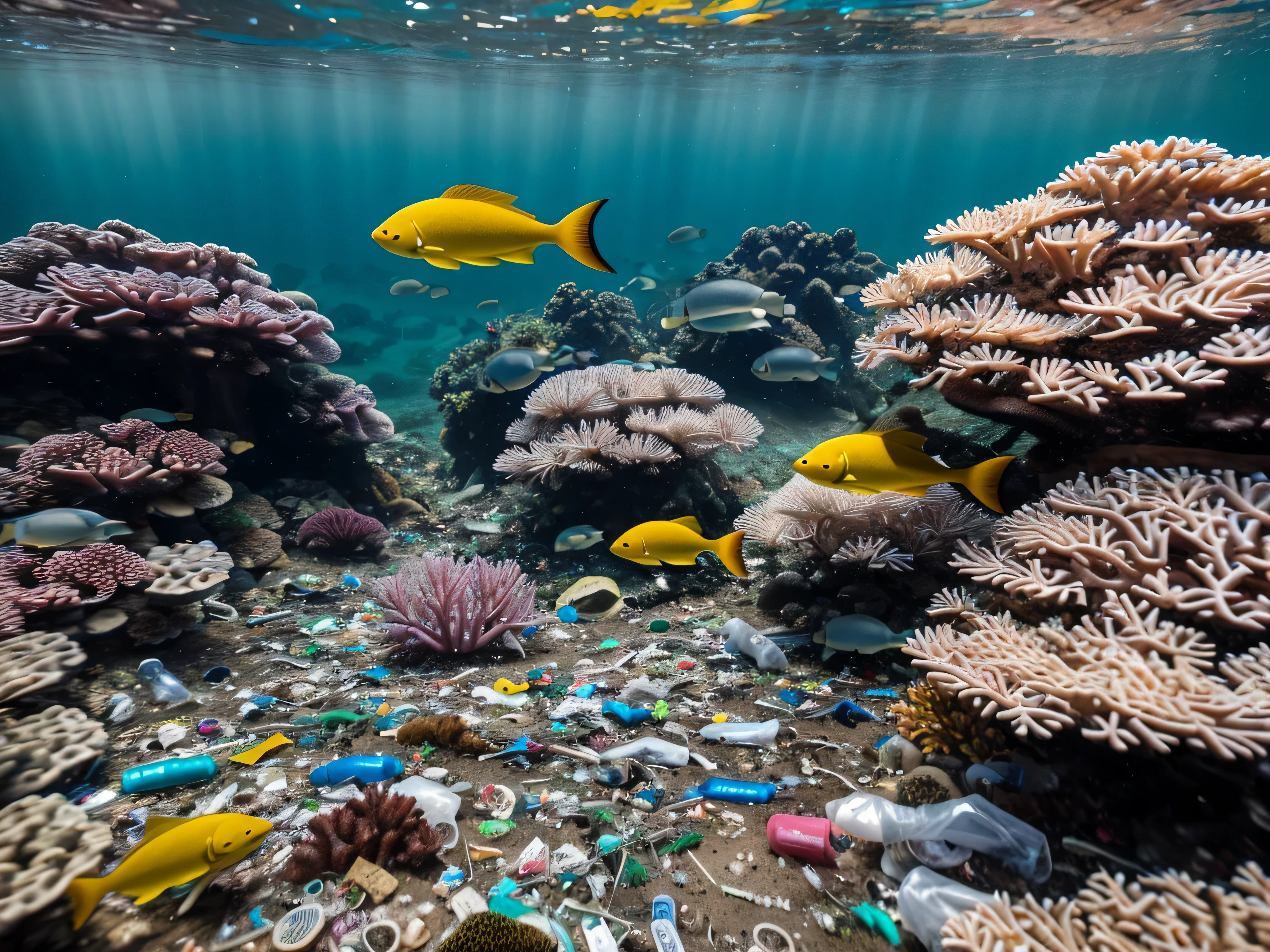 (There are a large number of various types of discarded plastic garbage in coral reefs:1.5), causing widespread death of coral reefs,Fish feed in dead coral reefs,Wide angle lens, National Geographic style underwater photography,no person