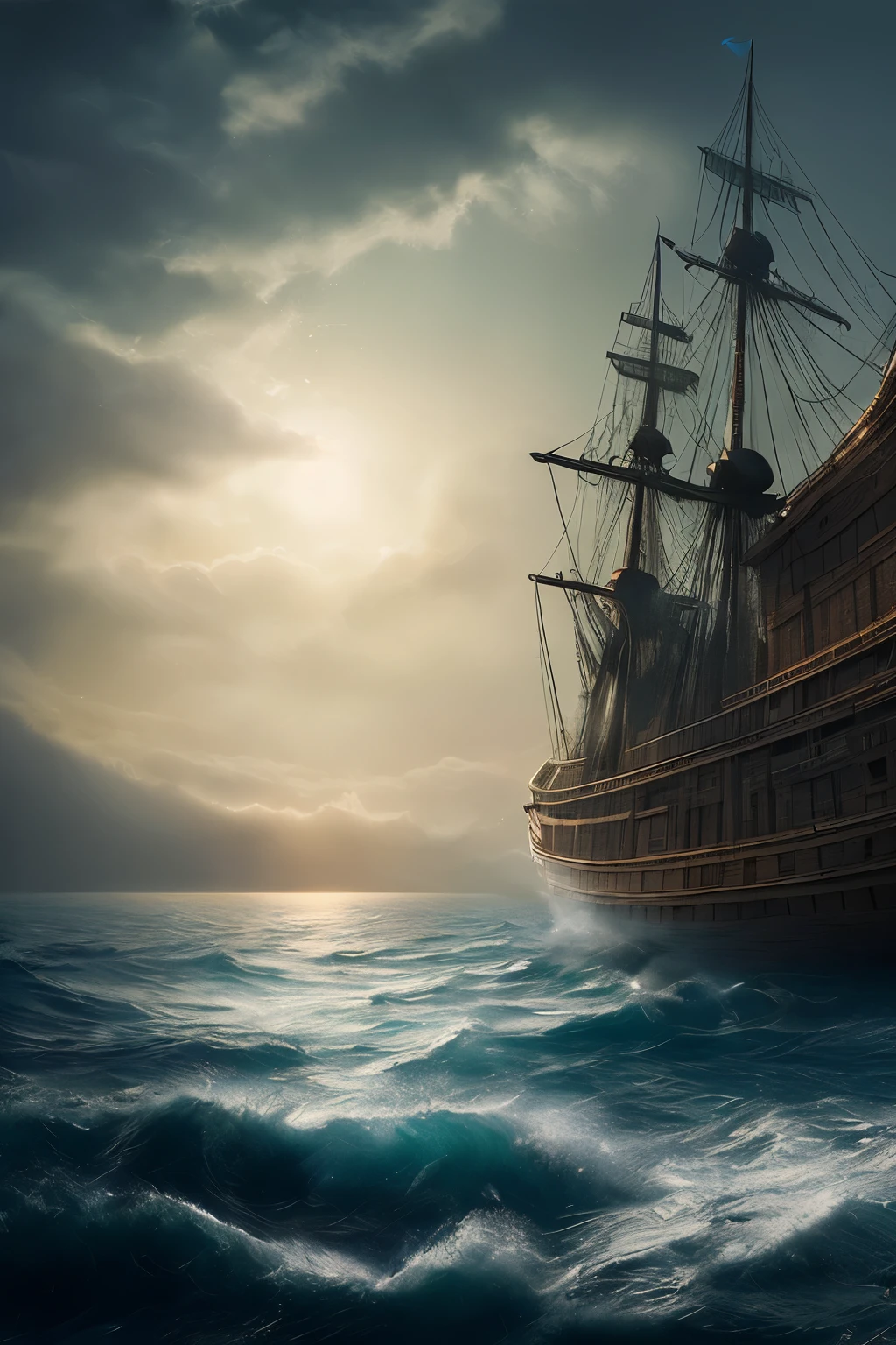 ((best quality)), ((masterpiece)), (detailed), Late at night, a dilapidated ghost ship was approaching the shore.。Atmospheric thriller