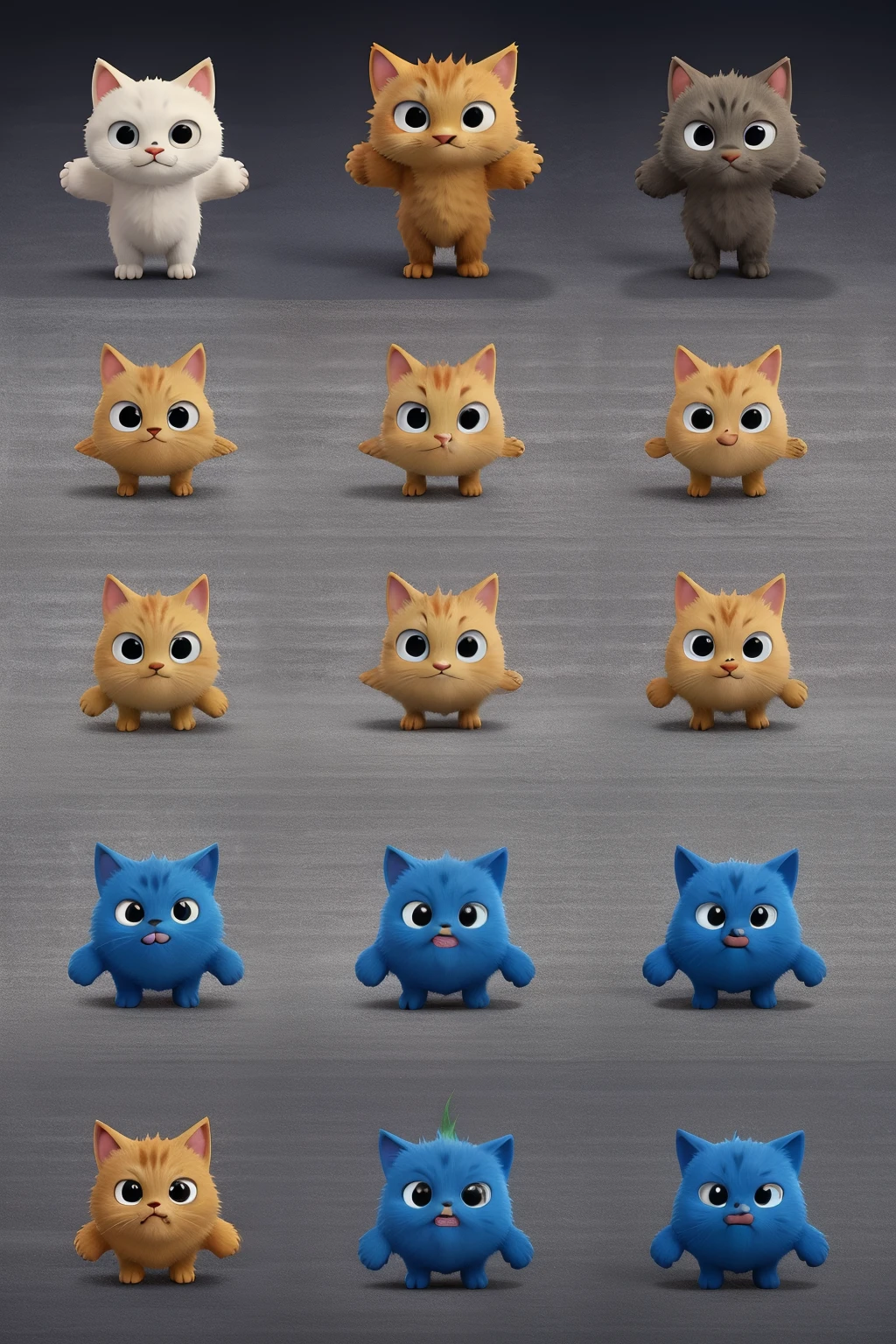 Create a sprite sheet of 9 to 12 different sprites in a consistent grid
We will use these sprites to make a GIF animation
The sprites should be showing cat trying to jump in cartoon style
Each sprite has to be different from the one before him
And make sure the sprite sheet is consistent and reliable
You have to generate 4 different images; each one depicting a totally unique sprite sheet