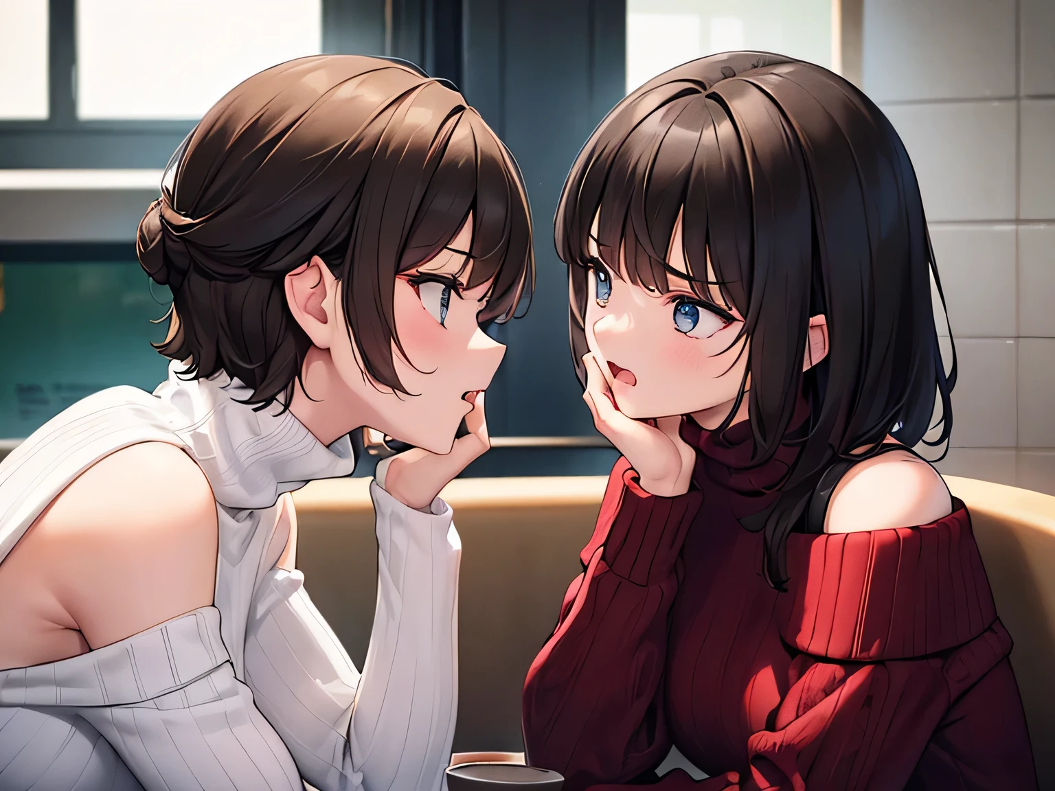 (Masterpiece, top quality, high resolution, realistic photo, realistic looking skin:1.1),
(Two women are very angry with each other and are staring at each other: 1.8), 
(Two women standing: 1.5),
(The first is 28 years old, wearing a red long-sleeved off-the-shoulder knit dress and has long brown hair:1.8),
(The second is 23 years old, wearing a white turtleneck long-sleeved knit dress with a denim mini and short black hair:1.8),
(The composition of the picture is a close-up view of their faces:1.8),
(Location: coffee shop:1.8),
1 Japanese girl, solo, full-bodied esbian, beautiful eyes, glowing eyes, glowing thighs, NSFW